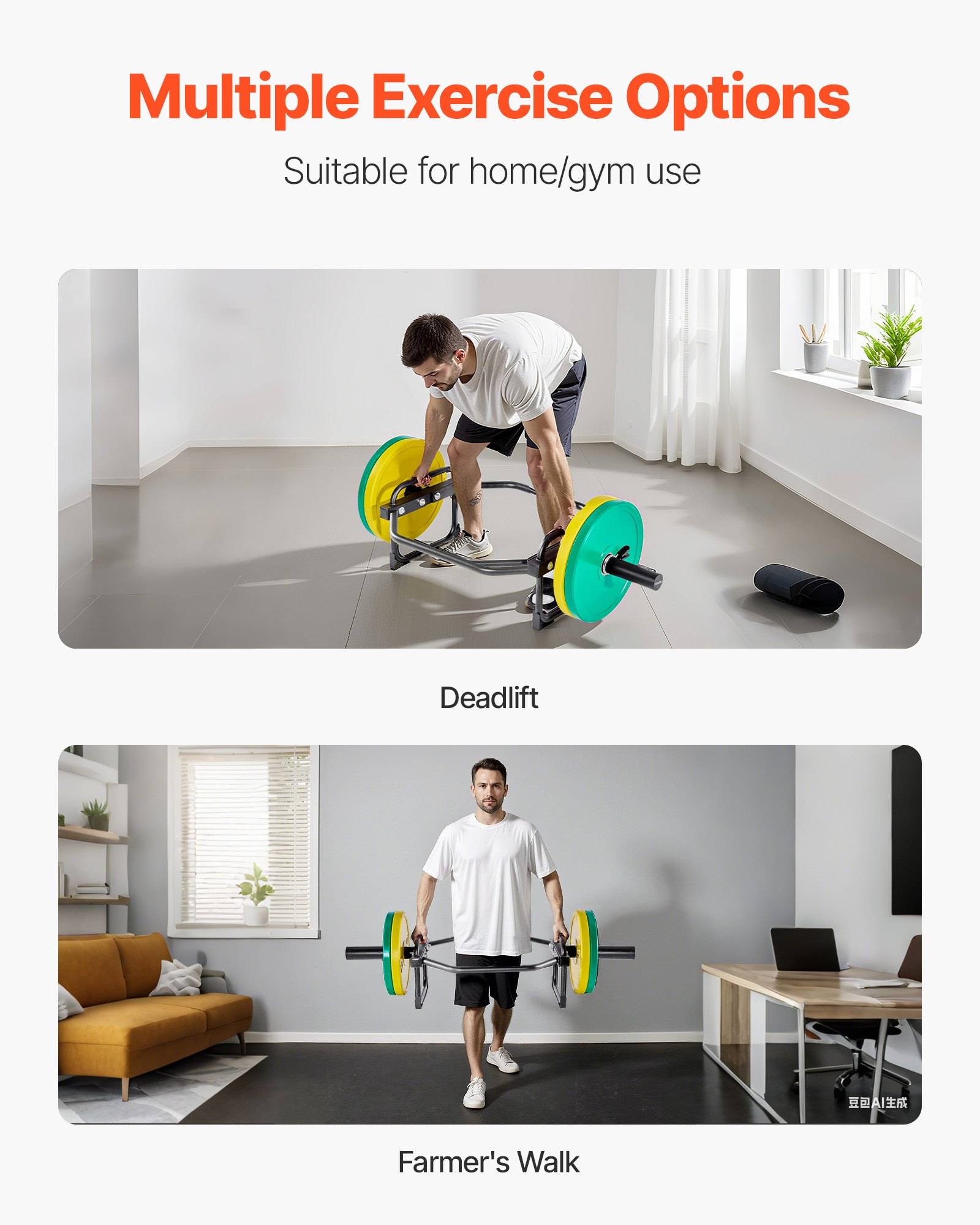 Infografik mit dem Titel „Mehrere Trainingsoptionen" mit zwei Hantel-Übungen für zu Hause/im Fitnessstudio: Kreuzheben und Farmer's Walk.