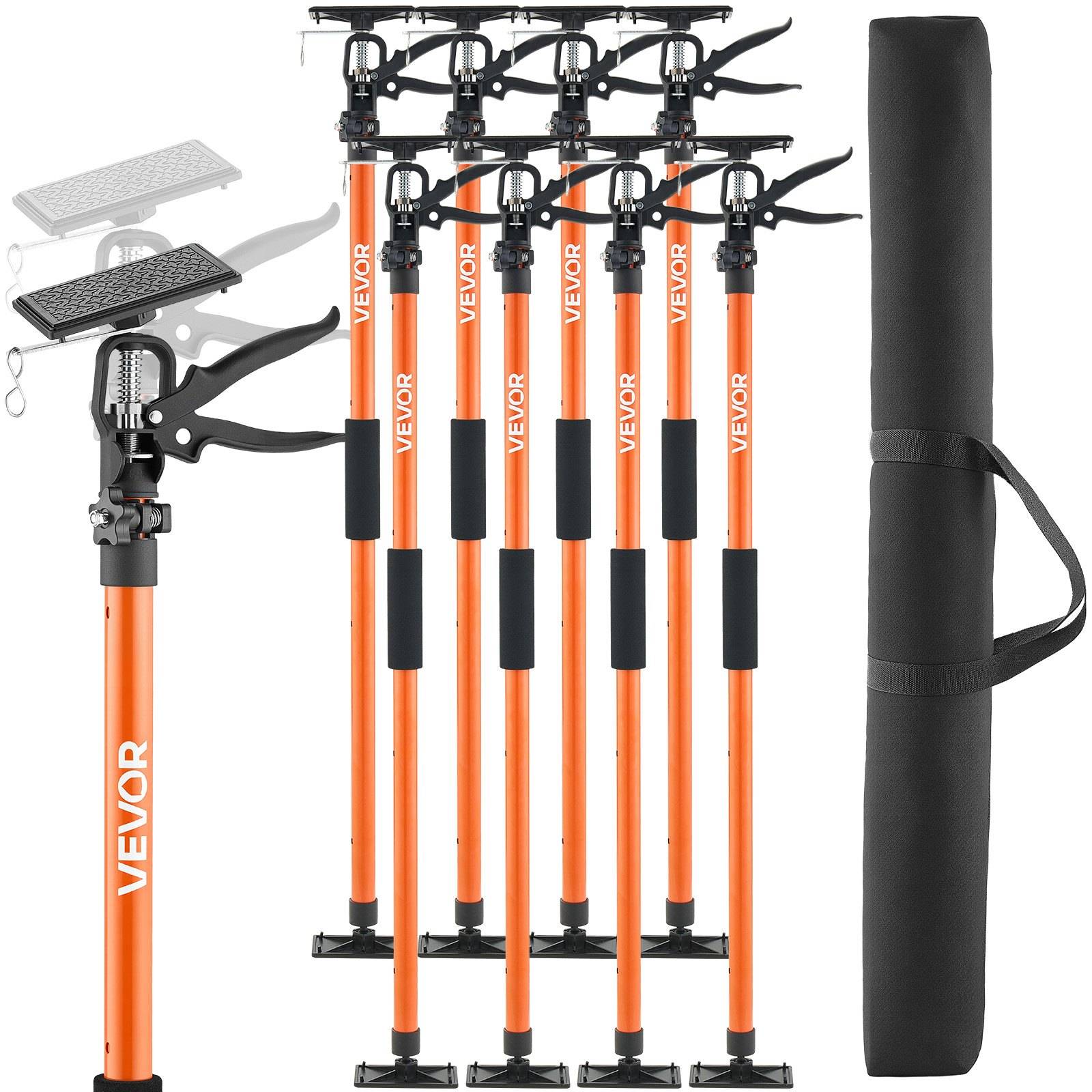 VEVOR orangefarbene Teleskopstützstangen mit Klemmen und rutschfesten Basen, in mehreren Größen mit schwarzer Transporttasche dargestellt.