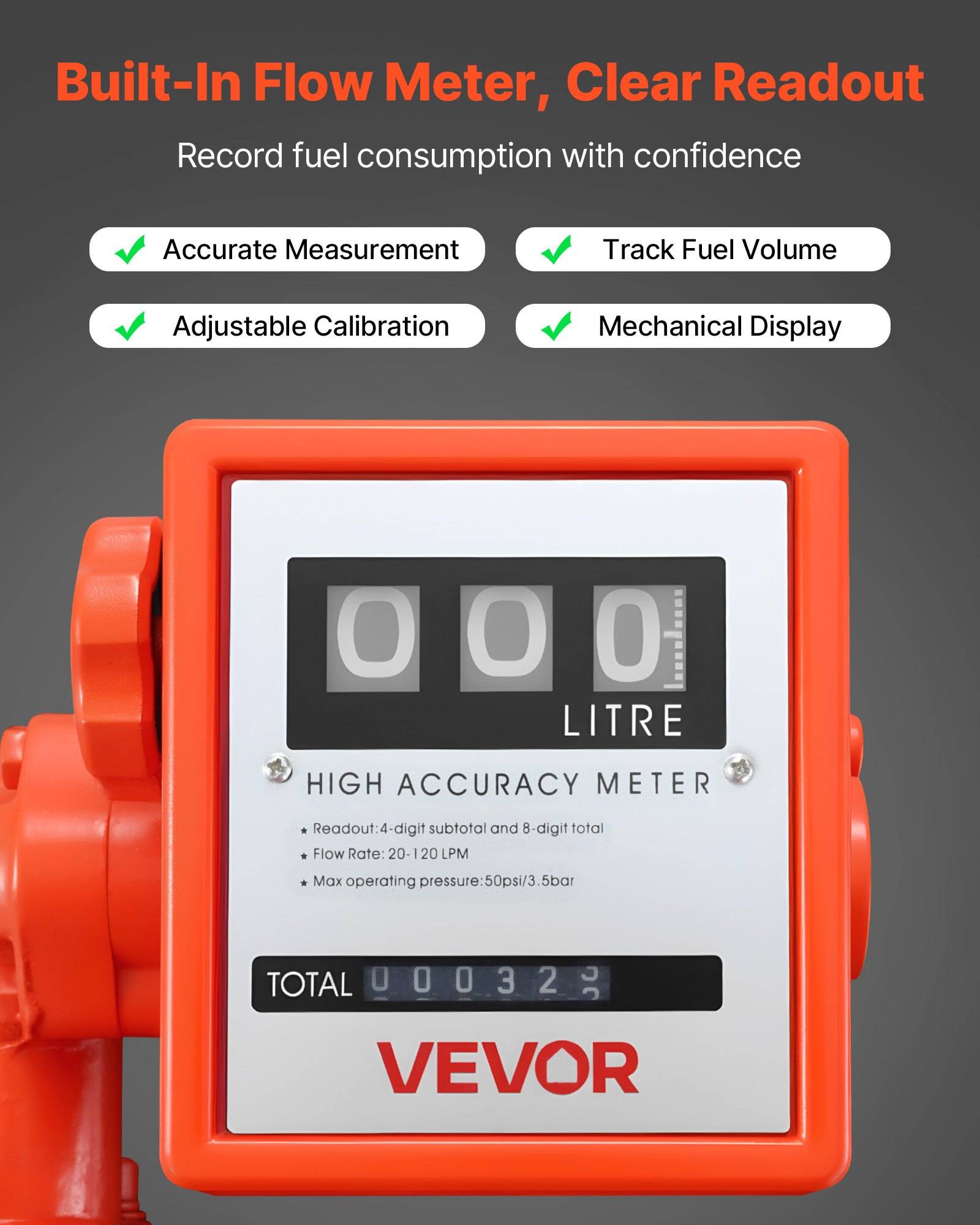 VEVOR eingebauter Kraftstofffluss-Messer mit digitaler 'LITER'-Anzeige und Gesamtzähler, zeigt genaue Messung, verfolgt Kraftstoffvolumen und verfügt über einstellbare Kalibrierungsfunktionen.