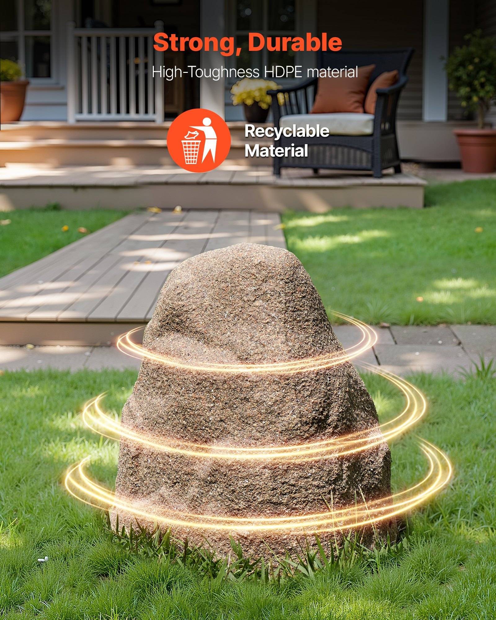 Außen-Gartenleuchte in Steinform, gezeigt mit leuchtenden Ringen und Text, der 'Stark, Langlebig', 'Hochfester HDPE-Kunststoff' und 'Recycelbares Material' bewirbt.