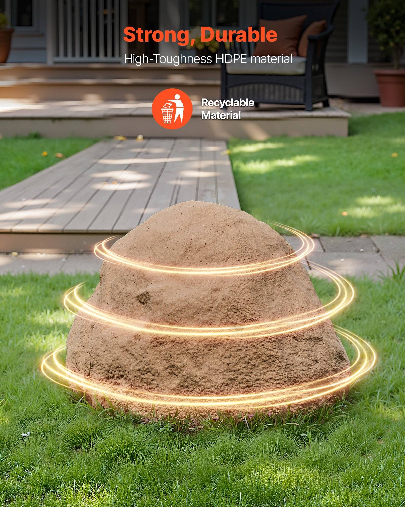 Werbegrafik einer strukturierten Gartenkuppel auf Gras mit leuchtenden Ringen, beschriftet mit „Stark, langlebig", „Hochbelastbar HDPE-Material"" und „Recycelbares Material"".