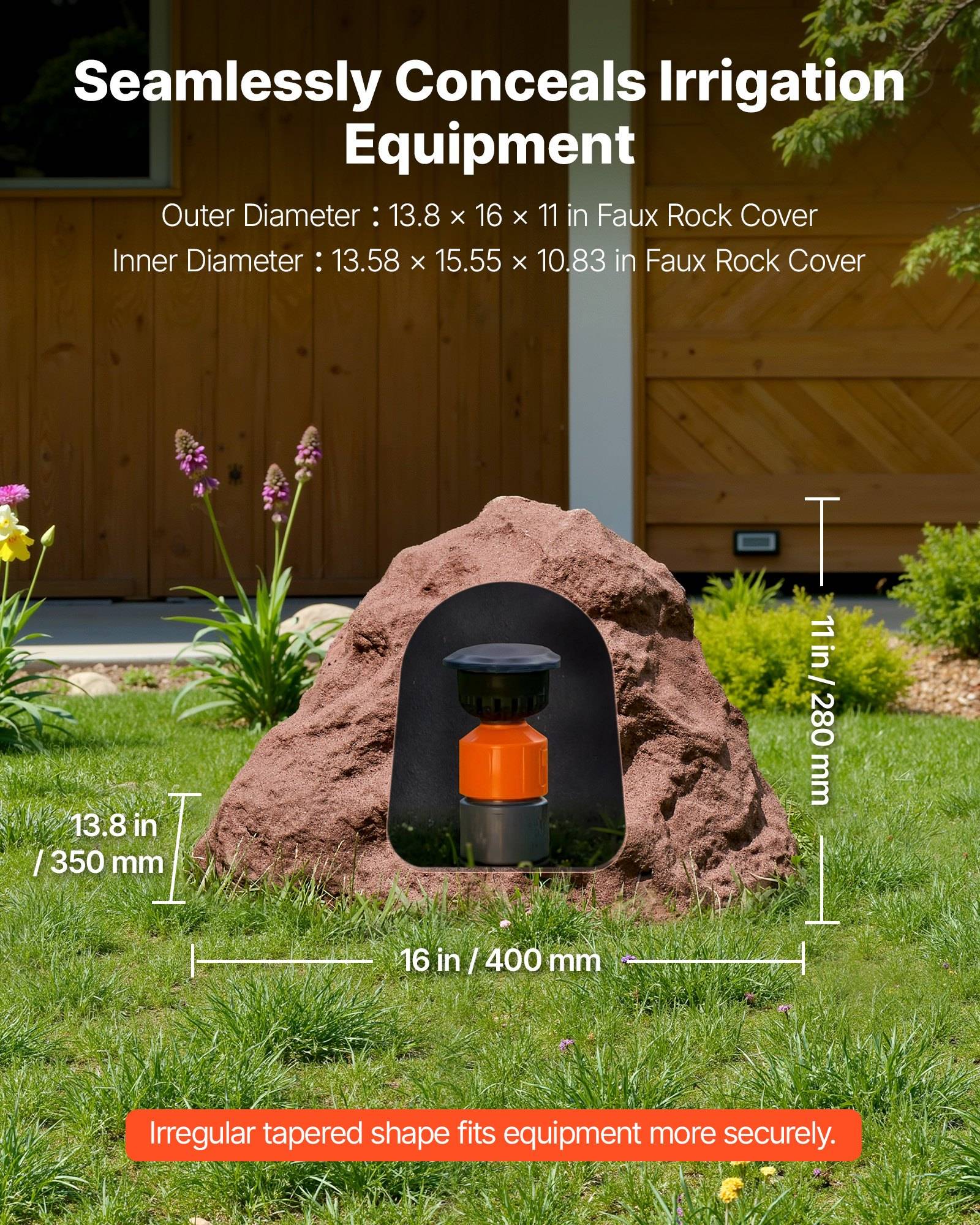 Produktbild einer künstlichen Steinabdeckung, die Bewässerungsausrüstung in einem Garten verbirgt, mit Beschriftungen für äußere und innere Abmessungen und Hinweis auf ihre unregelmäßige verjüngte Form für einen sicheren Sitz.