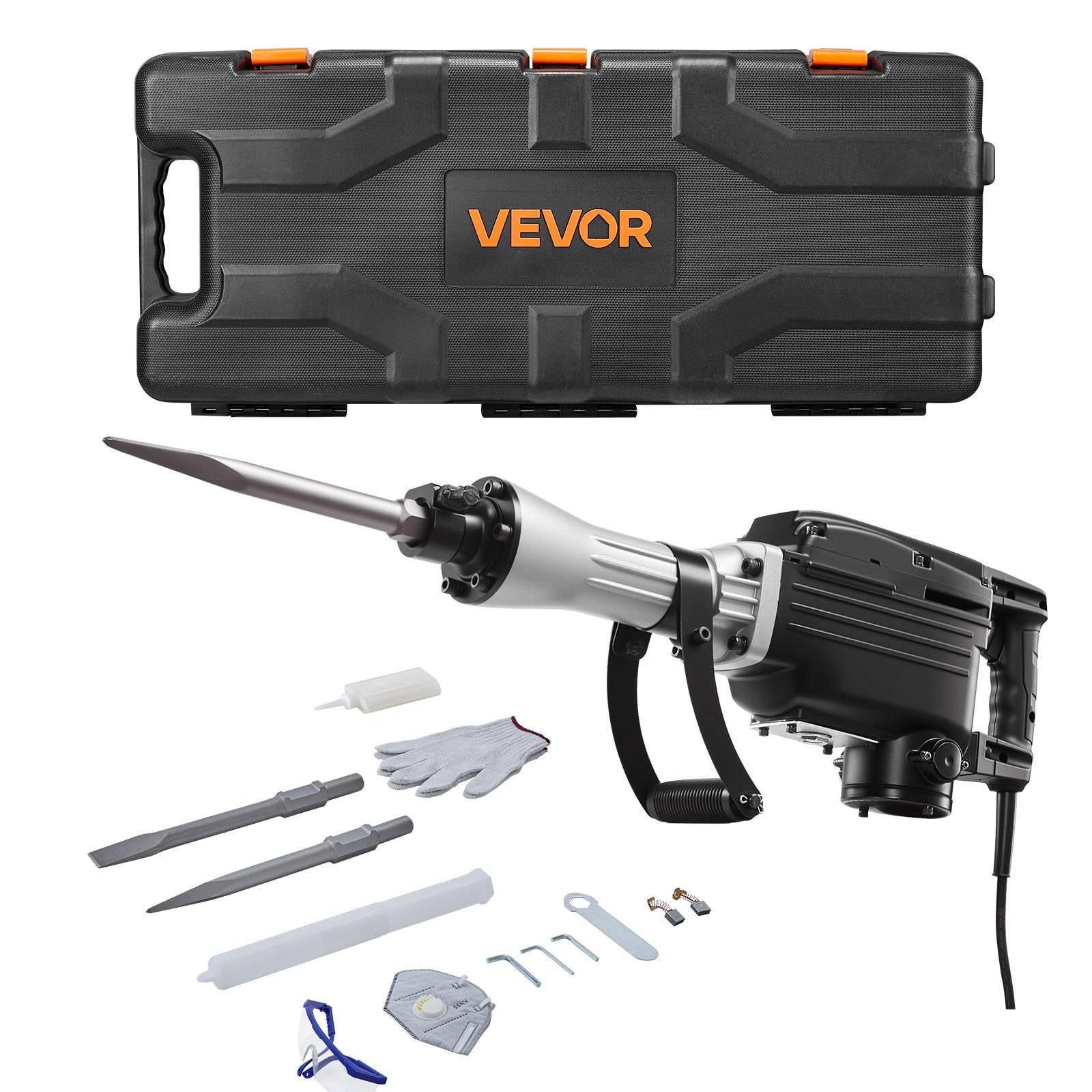 VEVOR Elektro-Abbruchhammer mit Transportkoffer und Zubehör einschließlich Meißel, Handschuhe, Bits und Werkzeuge