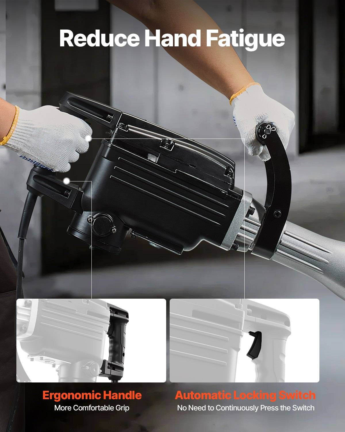 Hände in Handschuhen bedienen ein tragbares Elektrowerkzeug mit dem Text „Handermüdung reduzieren"; eingefügte Bildtexte heben einen ergonomischen Griff und einen automatischen Verriegelungsschalter hervor.