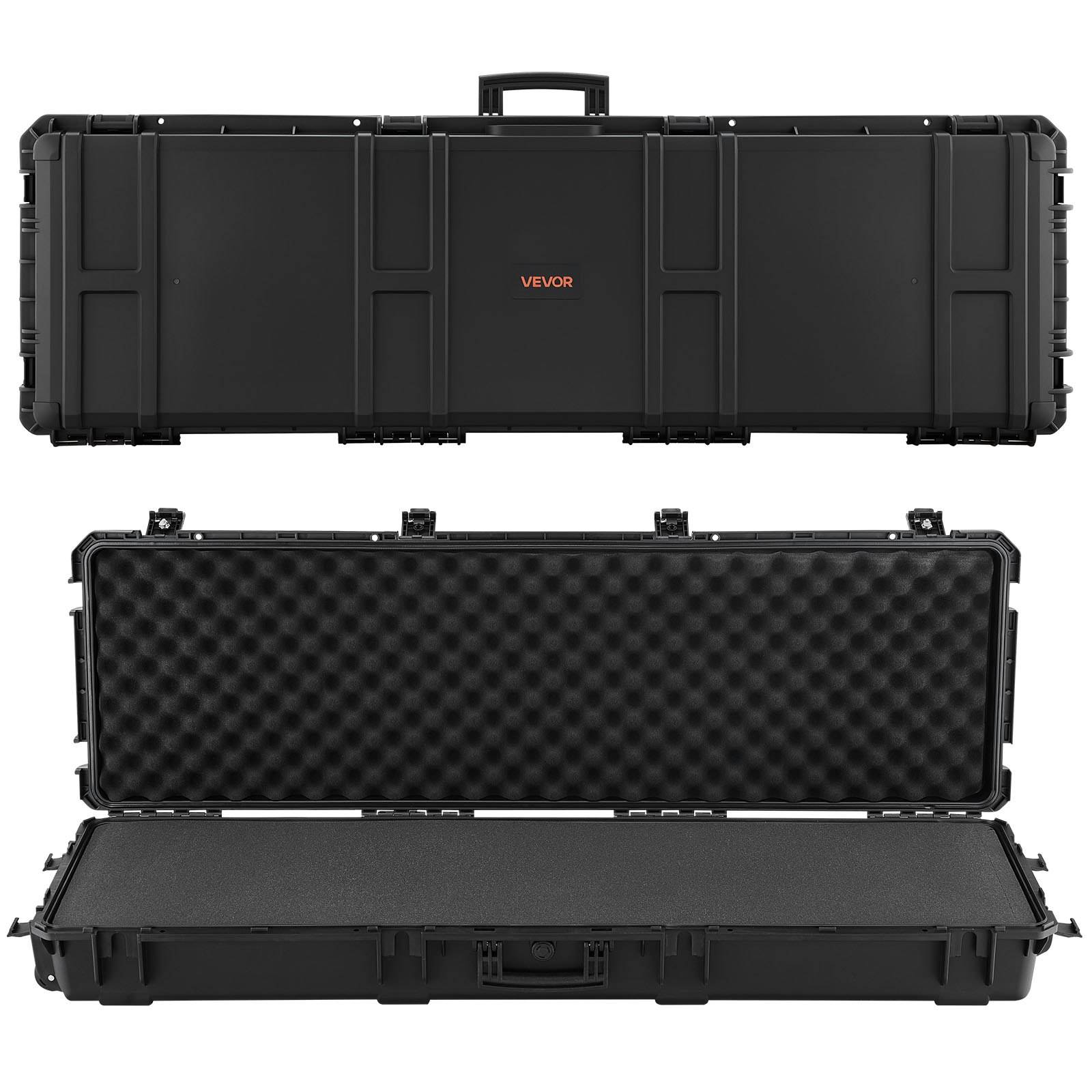 Schwarze VEVOR Schutzbox mit harter Schale, geschlossen und offen dargestellt, mit schaumstoffgepolstertem Inneren zum Transportieren und Schutz von Ausrüstung.