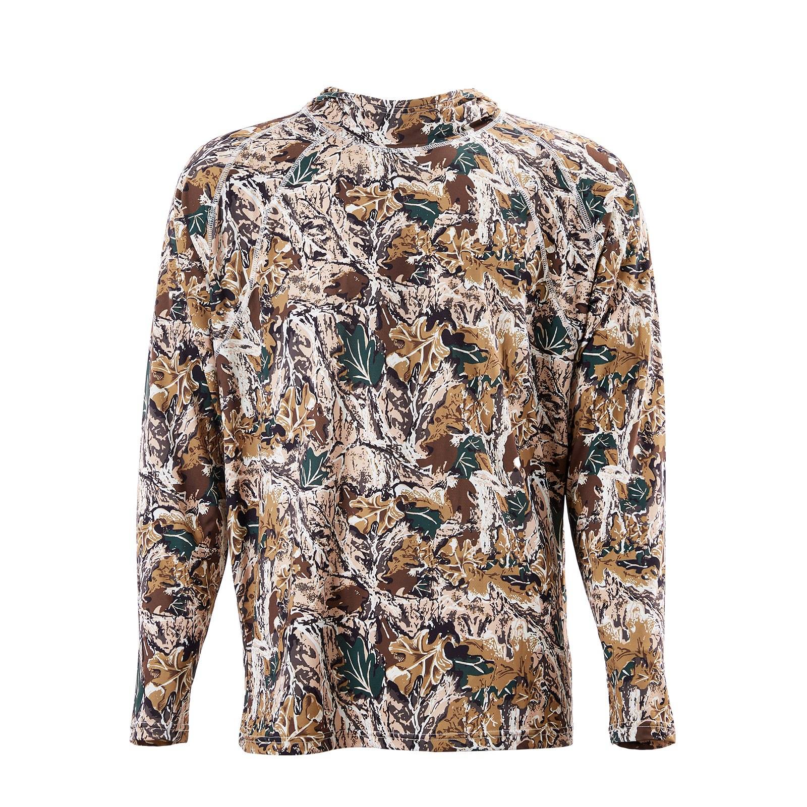 Langärmeliges Hemd mit Muster in Braun, Beige und Grün abstraktem floralen Camouflage-Druck auf weißem Hintergrund.