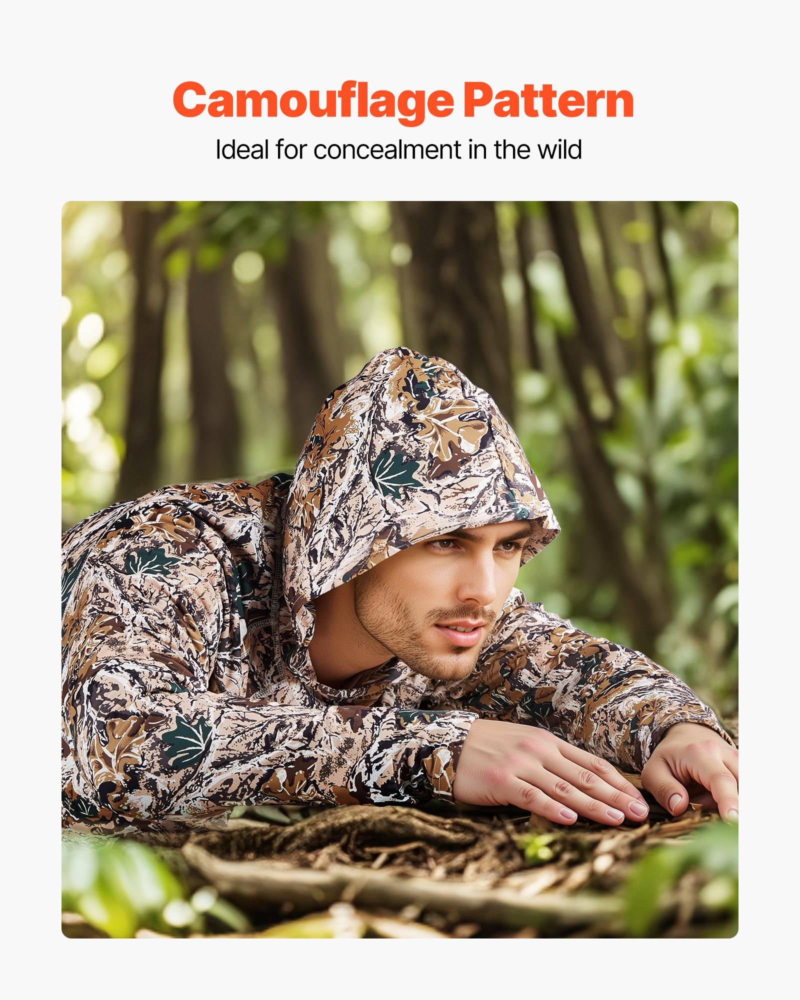 Plakat mit dem Titel „Tarnung" zeigt einen Mann in Tarnkleidung, der in einem Wald kriecht, mit dem Untertitel „Ideal zur Verschleierung in der Wildnis"".