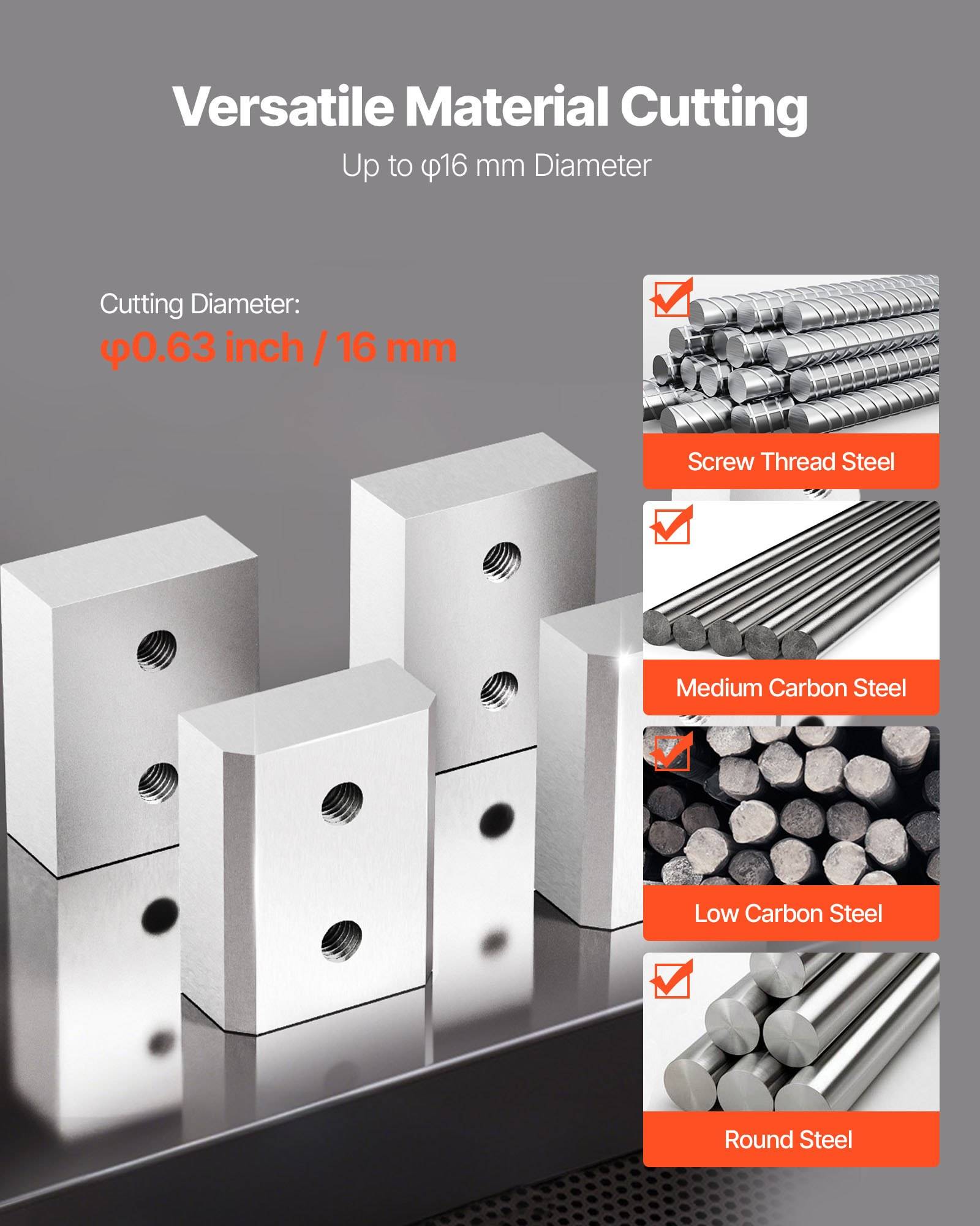 Werbung für vielseitiges Materialschneiden, bis φ16 mm Durchmesser, mit geschnittenen Stahlblöcken und unterstützten Materialien: Gewindestahl, Mittlekohlenstoffstahl, Niedrigkohlenstoffstahl und Rundstahl.