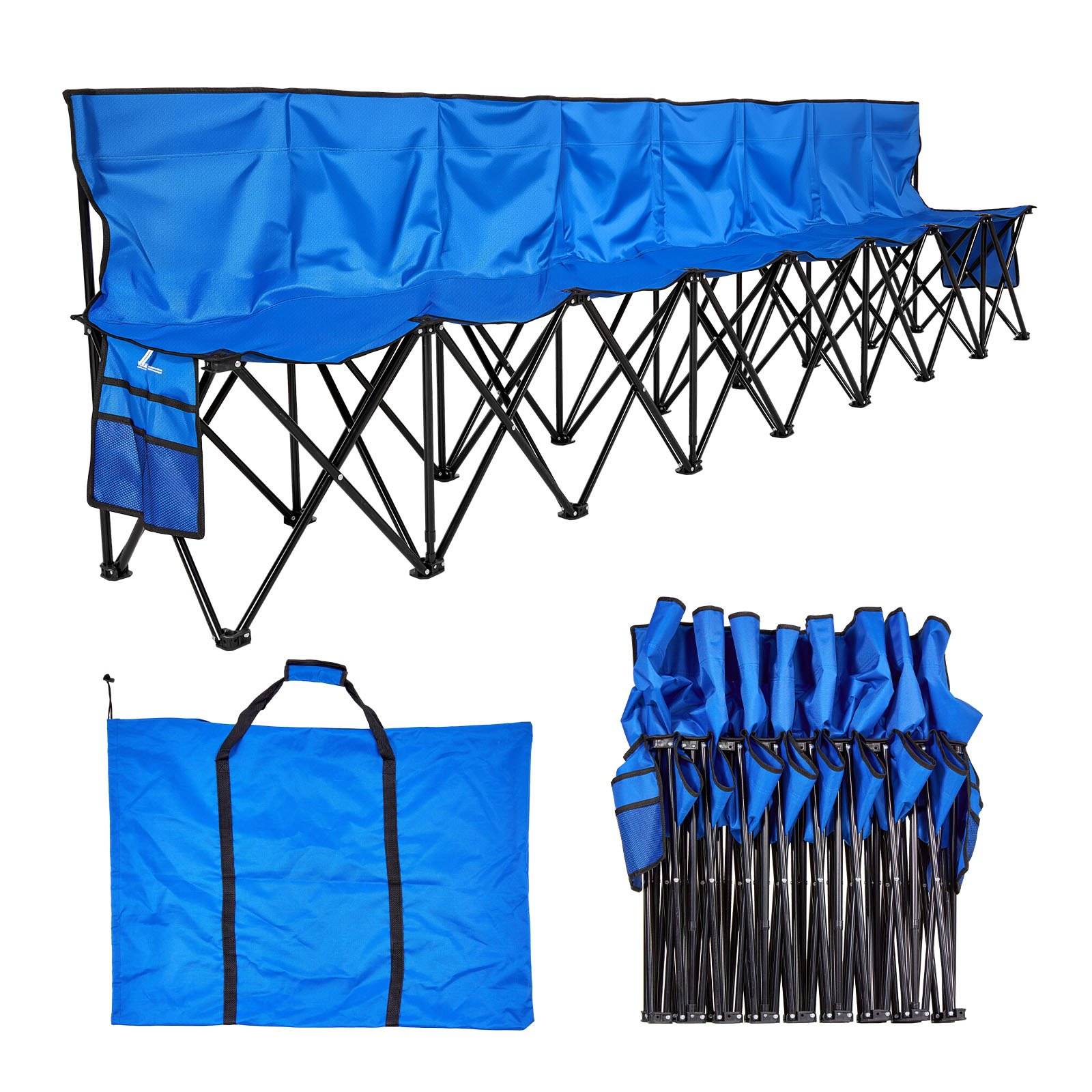 Blaue Faltkellnerwand auf Rädern, dargestellt in auseinandergezogener und zusammengefalteter Form mit Tragetasche.
