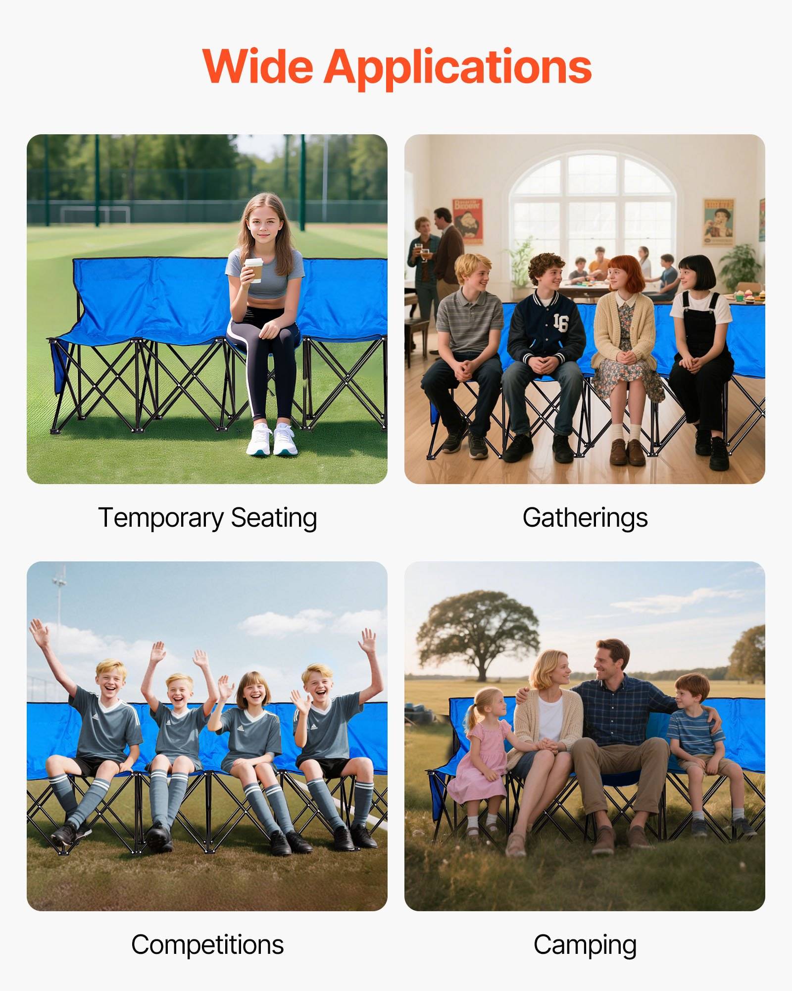 Promotional-Collage mit dem Titel „Breite Anwendungen" zeigt einen zusammenklappbaren Stuhl, der als temporäre Sitzgelegenheit bei Versammlungen, Wettbewerben und beim Camping verwendet wird.