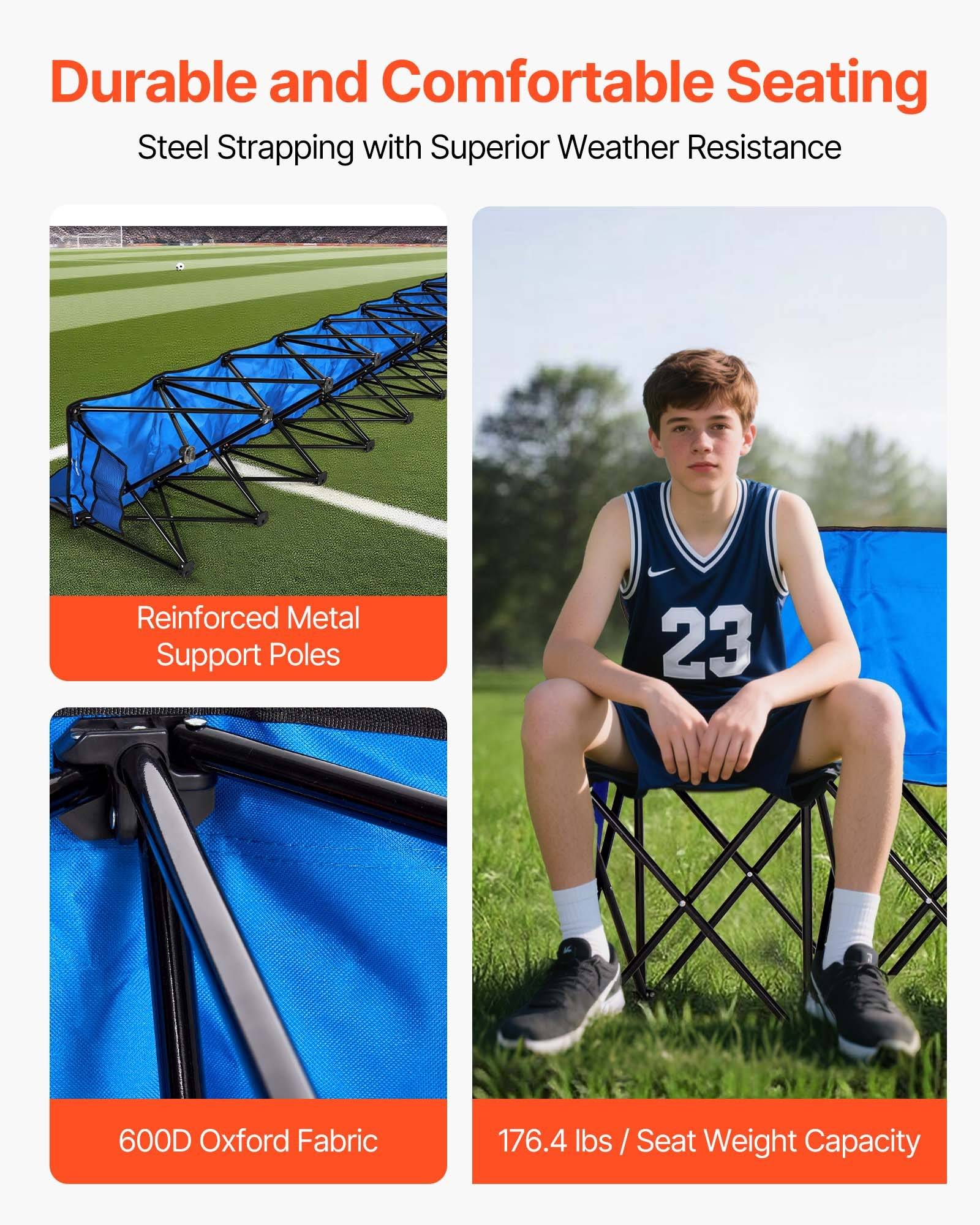 Werbeplakattext für einen klappbaren Sportsstuhl mit einem Teenager, der auf einem blauen Stuhl sitzt, mit Nahaufnahmen, die verstärkte Metallstützpfosten, 600D-Oxford-Stoff und eine Sitzkapazität von 80 kg hervorheben.