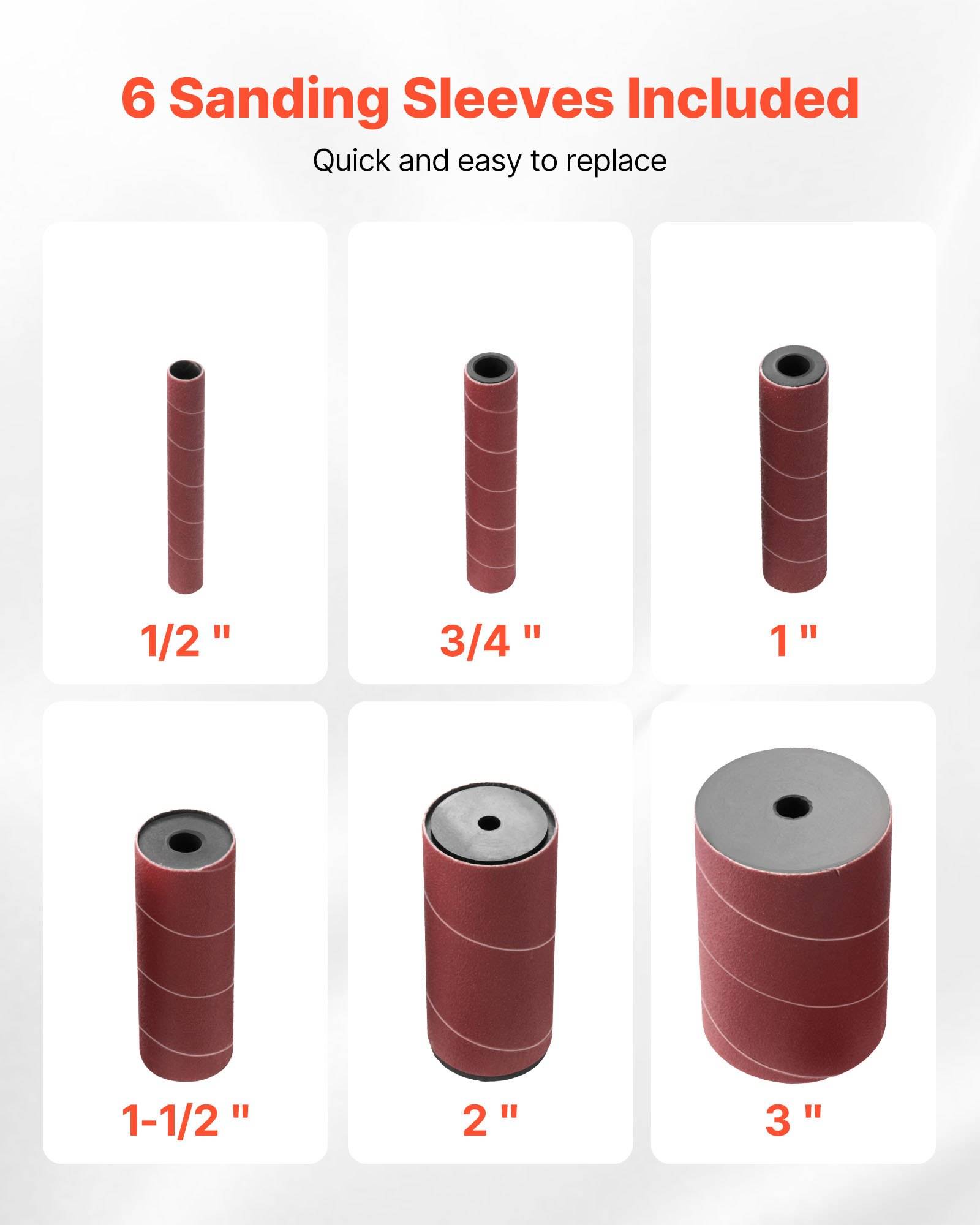 Grafik zeigt 6 enthaltene Schleifhülsen mit Größen 1/2 Zoll, 3/4 Zoll, 1 Zoll, 1-1/2 Zoll, 2 Zoll und 3 Zoll.