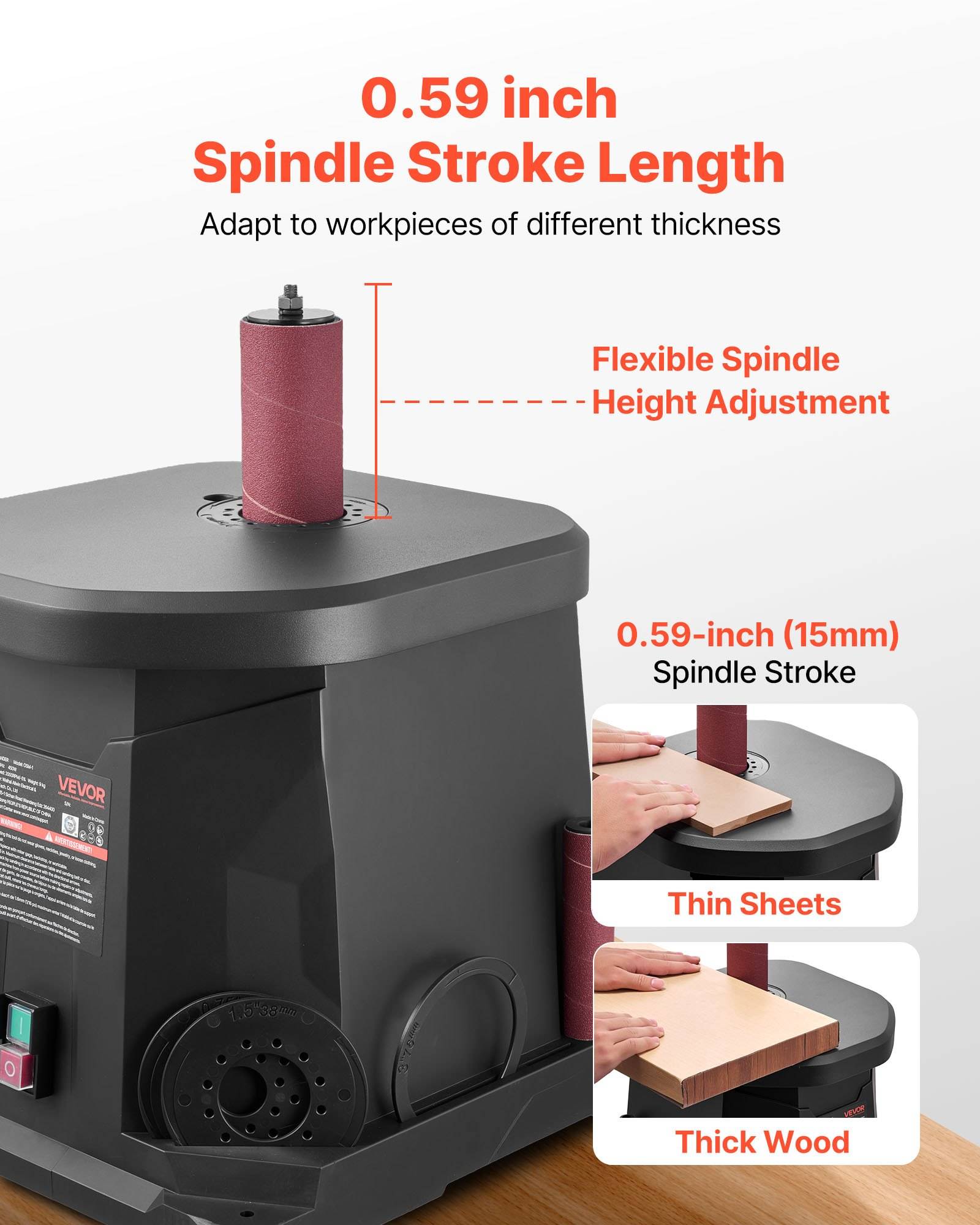 Diagramm eines Spindelwerkzeugs mit einer Spindelhublänge von 0,59 Zoll und flexibler Spindelhöhenverstellung für dünne Bleche und dickes Holz.