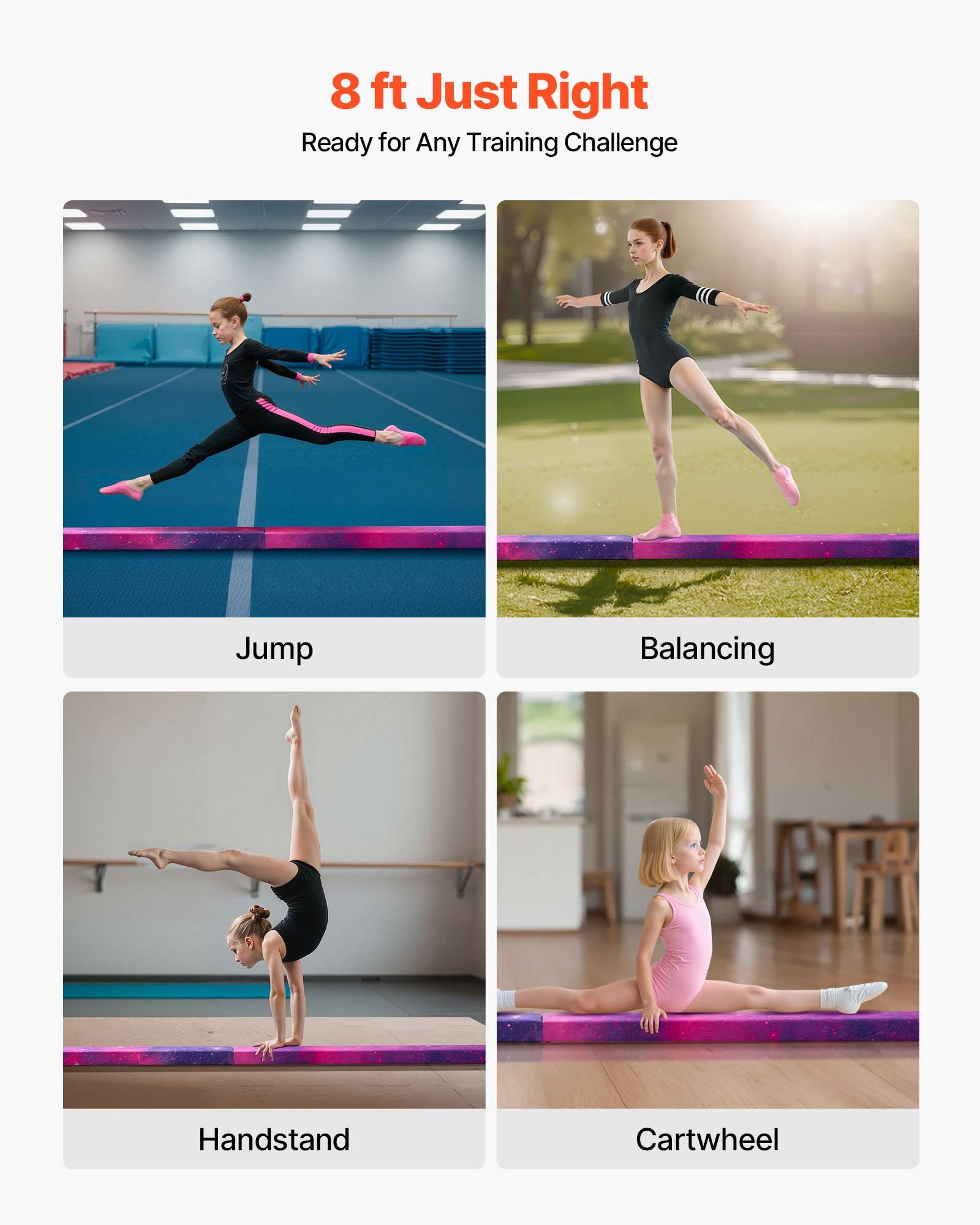 Werbegrafik mit dem Titel „8 ft Just Right" und dem Untertitel „Bereit für jede Trainingsherausforderung"", die vier Gymnastikposen auf einer 8-Fuß-Matte zeigt: Sprung, Balancieren, Handstand und Rad.