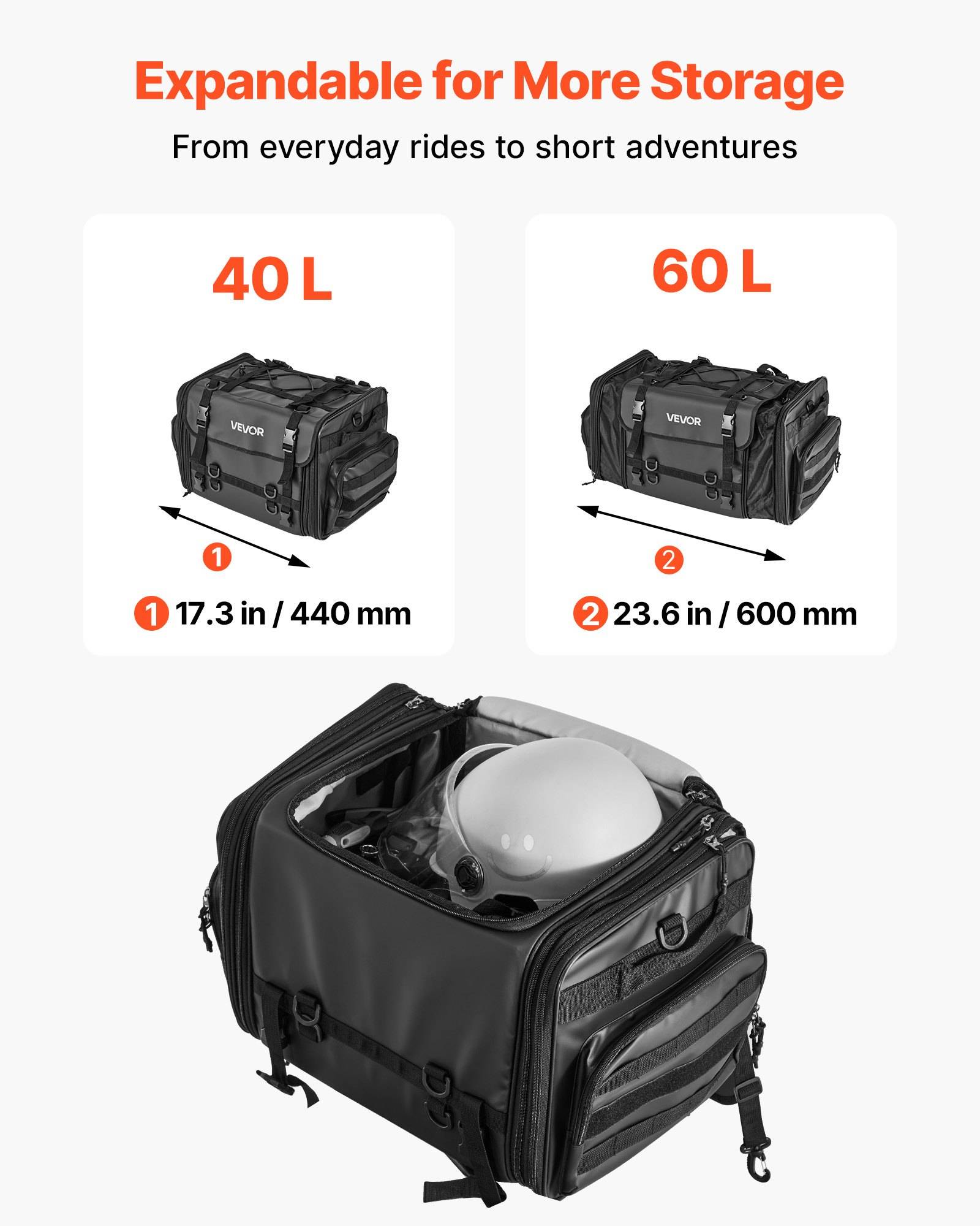 Erweiterbare Ladungstasche in den Größen 40 L und 60 L; Abmessungen 17,3 Zoll/440 mm und 23,6 Zoll/600 mm, geöffnet dargestellt mit Helm im Inneren.