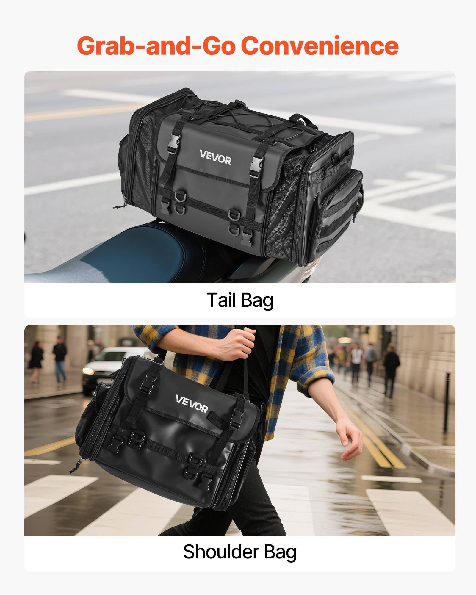 Werbebild mit einer VEVOR-Tasche, die sowohl als Hecktasche an einem Motorrad als auch als Umhängetasche für schnelle Mobilität verwendet wird.