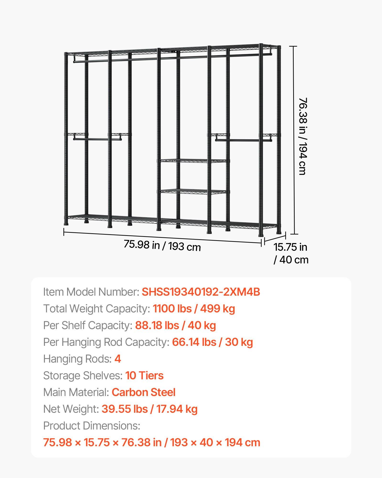 Maßstabsgetreue Illustration eines schwarzen Metallkleiderstanders mit 4 Kleiderstangen und 10 Aufbewahrungsebenen; Größe 75,98 x 15,75 x 76,38 Zoll, Tragfähigkeit 1100 lb.