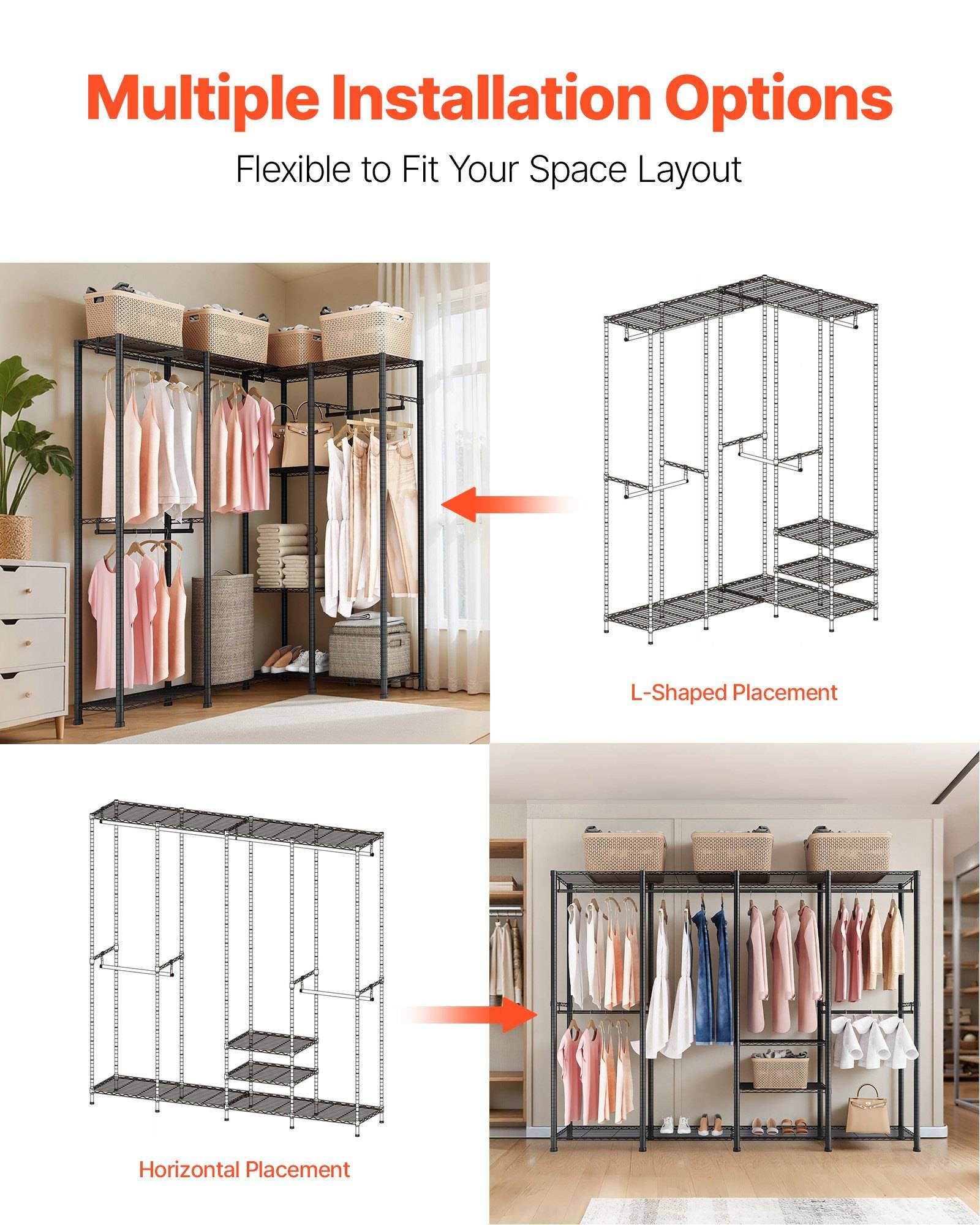Grafik, die ein modulares Garderobensystem mit „Mehreren Installationsmöglichkeiten" und „Flexibel anpassbar an Ihr Raumlayout"" zeigt: L-förmige und horizontale Anordnungen mit beispielhaften Schrankaufbauten und beschrifteten Diagrammen.