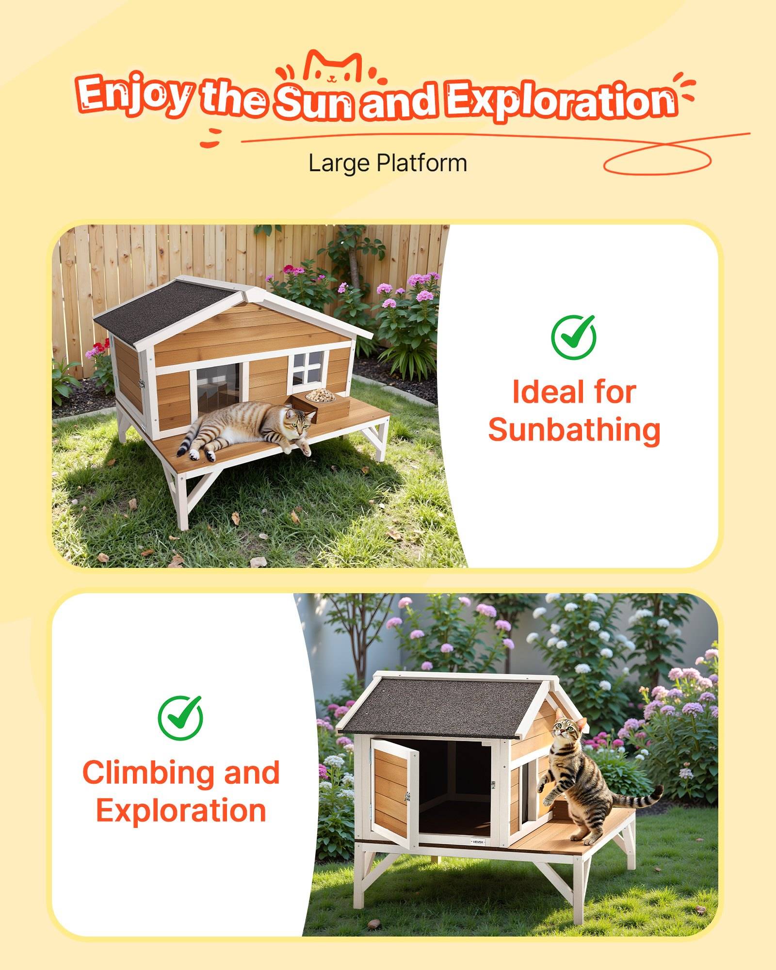 Werbeplakat für eine große Katzenhaus-Plattform mit einem Kätzchen, das darauf faulenzend liegt, mit den Aufschriften „Ideal zum Sonnenbaden