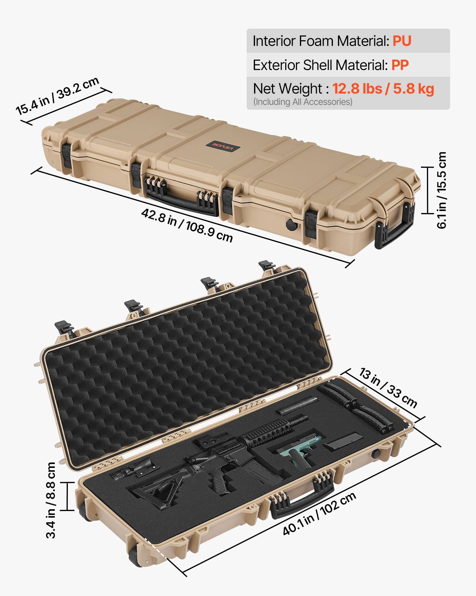 Beige hartes Gewehrkoffer in geschlossenem und offenem Zustand mit schaumstoffgepolstertem Inneren; Abmessungen 42,8 x 15,4 x 6,1 cm, Gewicht 12,8 kg.