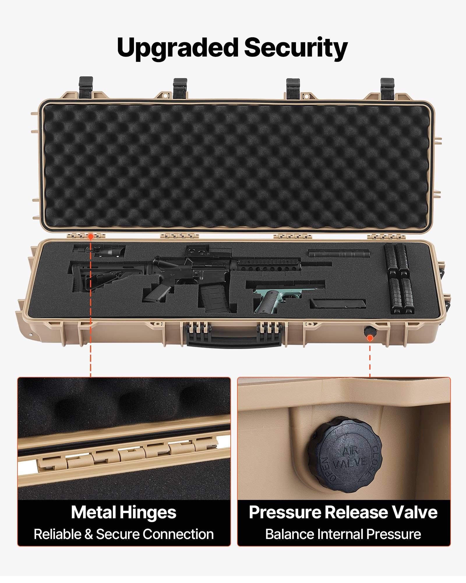 Werbebild eines beigen Hartschalenkoffers, der offen ist und ein Gewehr sowie Zubehör zeigt. Das Bild hebt die "Verbesserte Sicherheit"" hervor und zeigt Metallscharniere sowie ein Druckausgleichsventil.