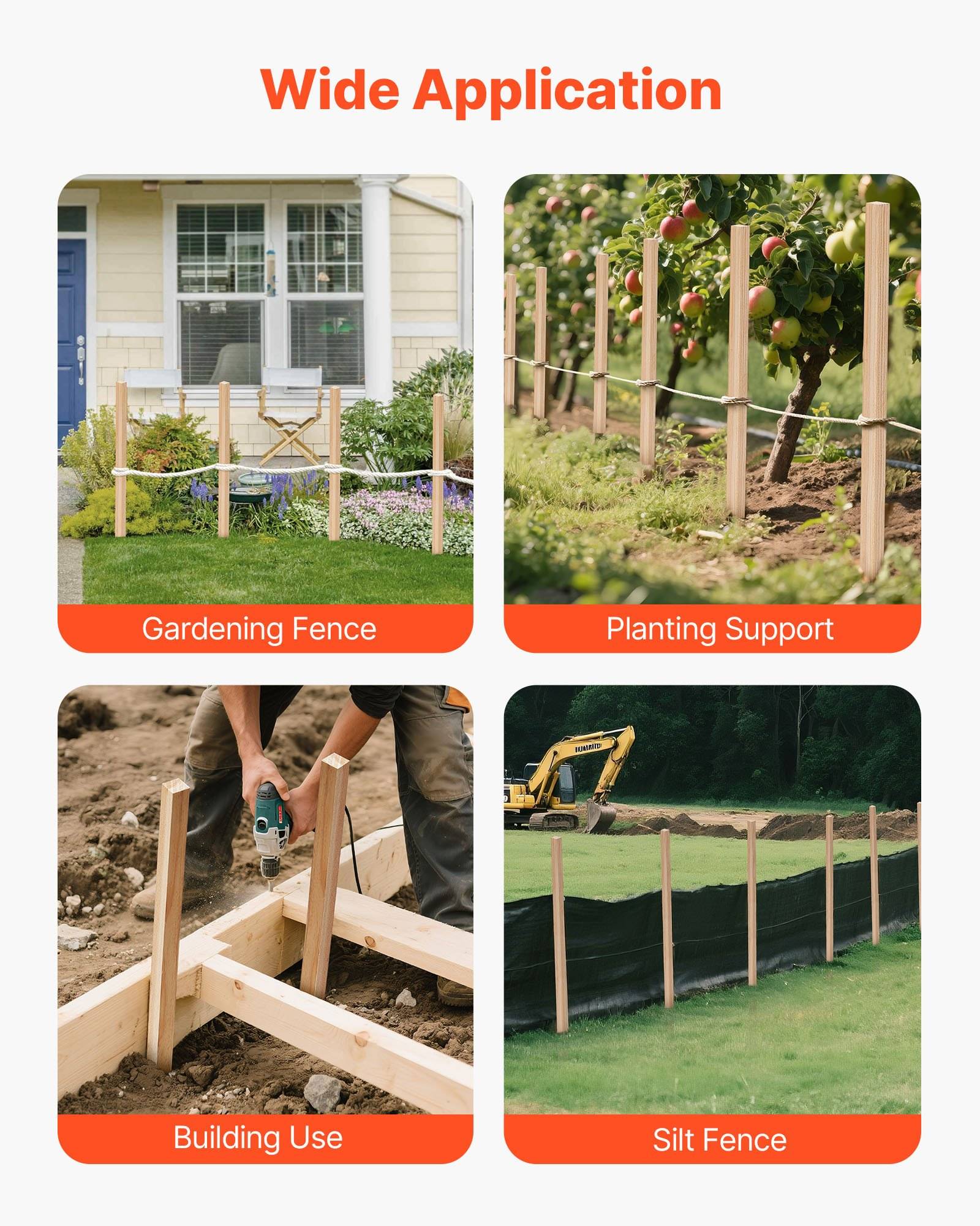 Infografik mit dem Titel „Breite Anwendung" zeigt vier Verwendungszwecke von Holzpflöcken: Gartenzaun, Pflanzenstütze, Baubedarf und Schlammfangzaun.