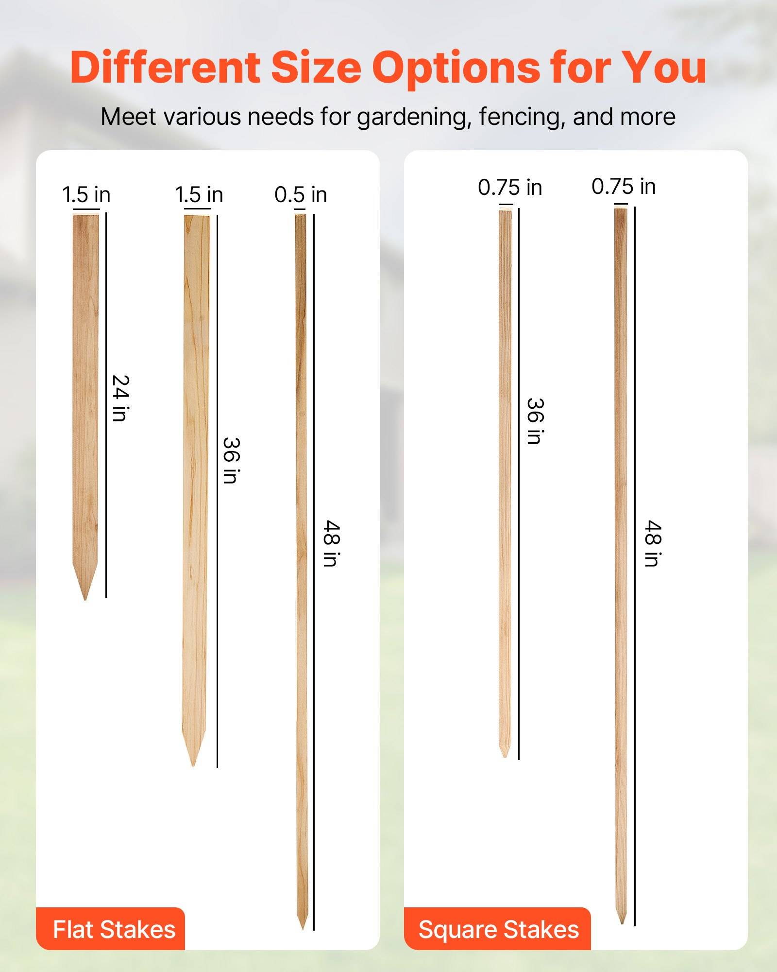 Diagramm mit Optionen für Holzpfählgröße zum Gärtnern und Einzäunen: flache Pfähle 1,5 Zoll breit in 24, 36 und 48 Zoll; quadratische Pfähle 0,5 oder 0,75 Zoll breit in 36 und 48 Zoll.