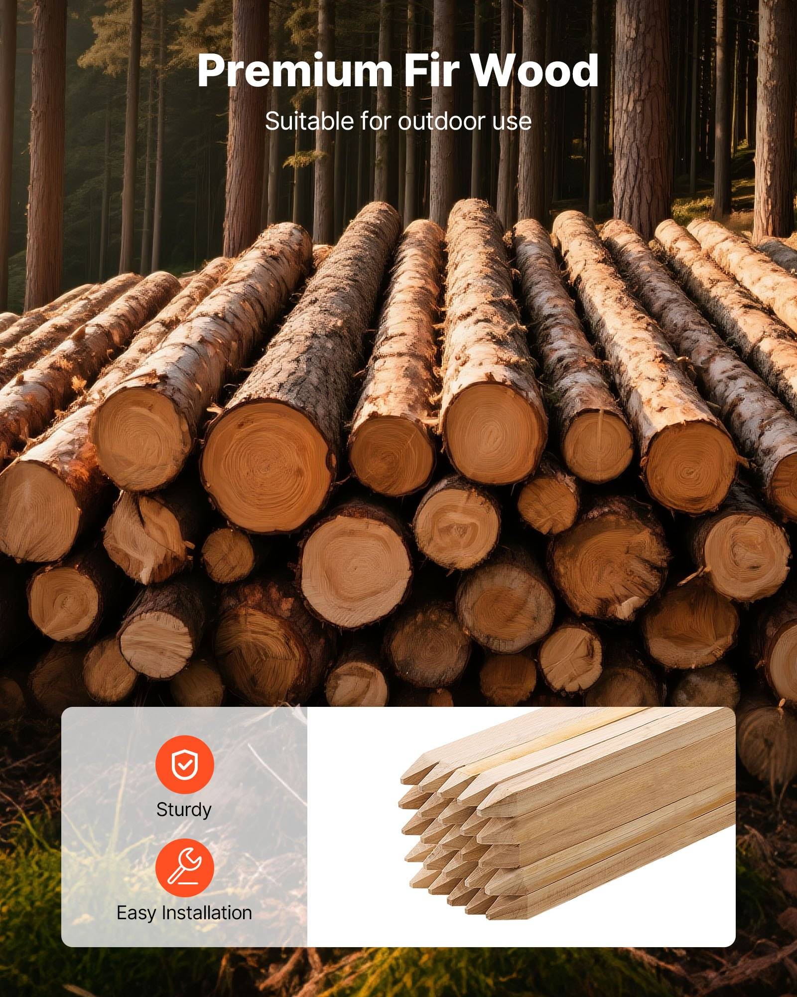 Gestapelte Fichtenholzstämme in einem Wald mit dem Text „Premium-Fichtenholz" und „Für den Außeneinsatz geeignet""; die Einblendung hebt „Robust"" und „Einfache Installation"" mit Holzbrettern hervor.