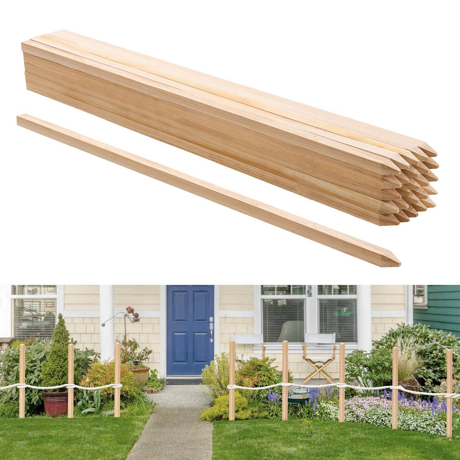 Holzpfähle und Seilzaun, die verwendet werden, um einen vorderen Hoffgarten und einen Gehweg in einem Einfamilienhaus in einem Vorort zu begrenzen.