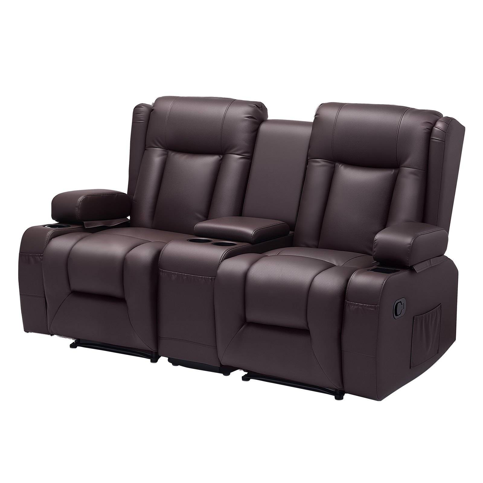 Dunkelbraunes Leder-Zweisitzer-Relaxsofa mit Mittelarmlehnе und gepolsterten Kopfstützen, auf weißem Hintergrund dargestellt.