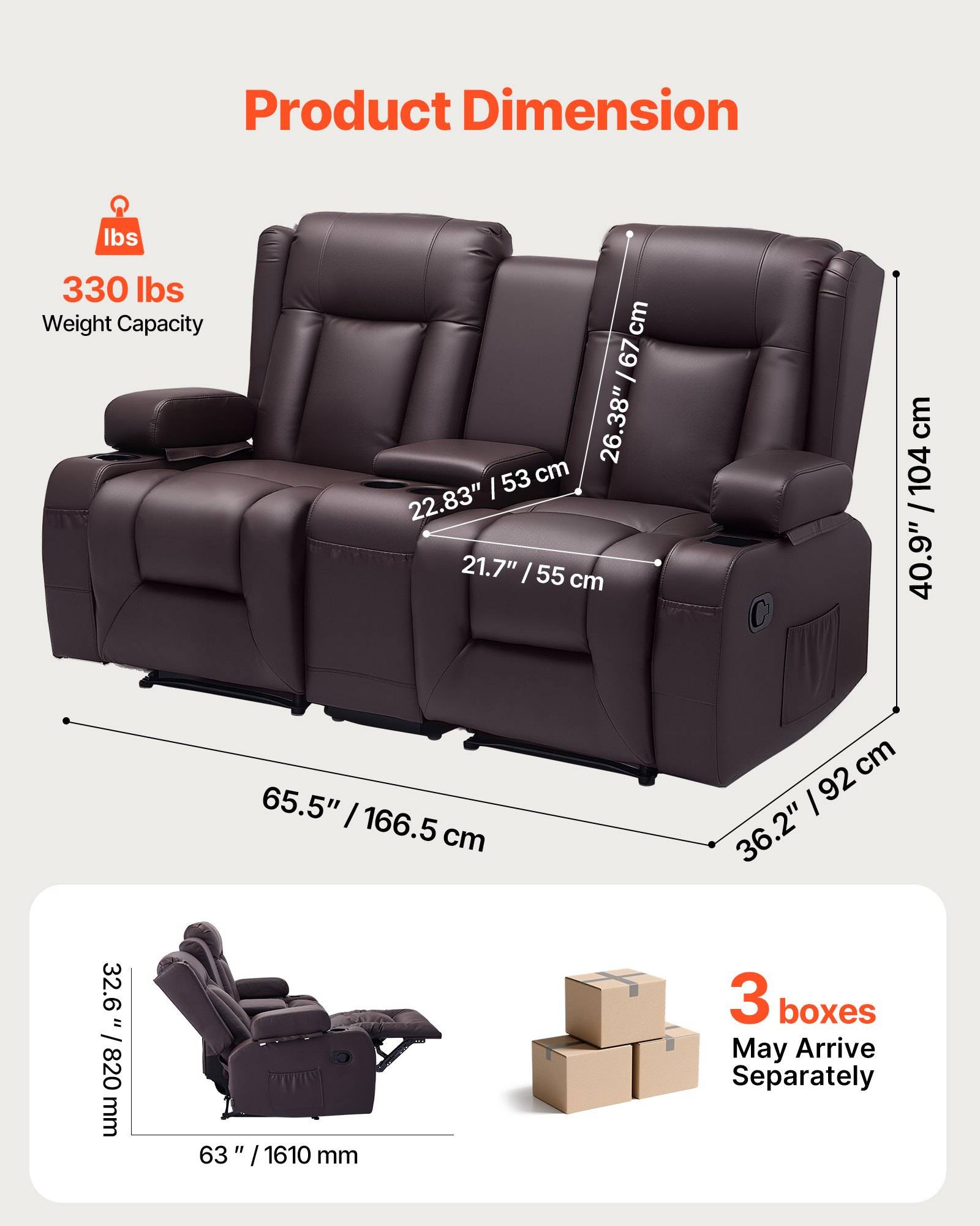 Produktdimensionsdiagramm für ein dunkelbraunes Relaxsessel-Sofa: 65,5" breit, 36,2"" tief, 40,9"" hoch, mit Sitzmessungen und 330 lb Gewichtskapazität; wird in 3 Kartons versendet.