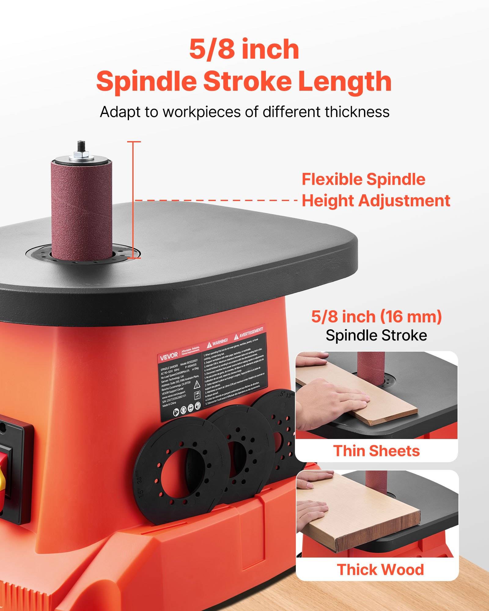 Produktgrafik mit einer Spindelschleifer, die einen "5/8 Zoll Spindelhub"" und flexible Höhenverstellung für dünne Bleche und dickes Holz zeigt.
