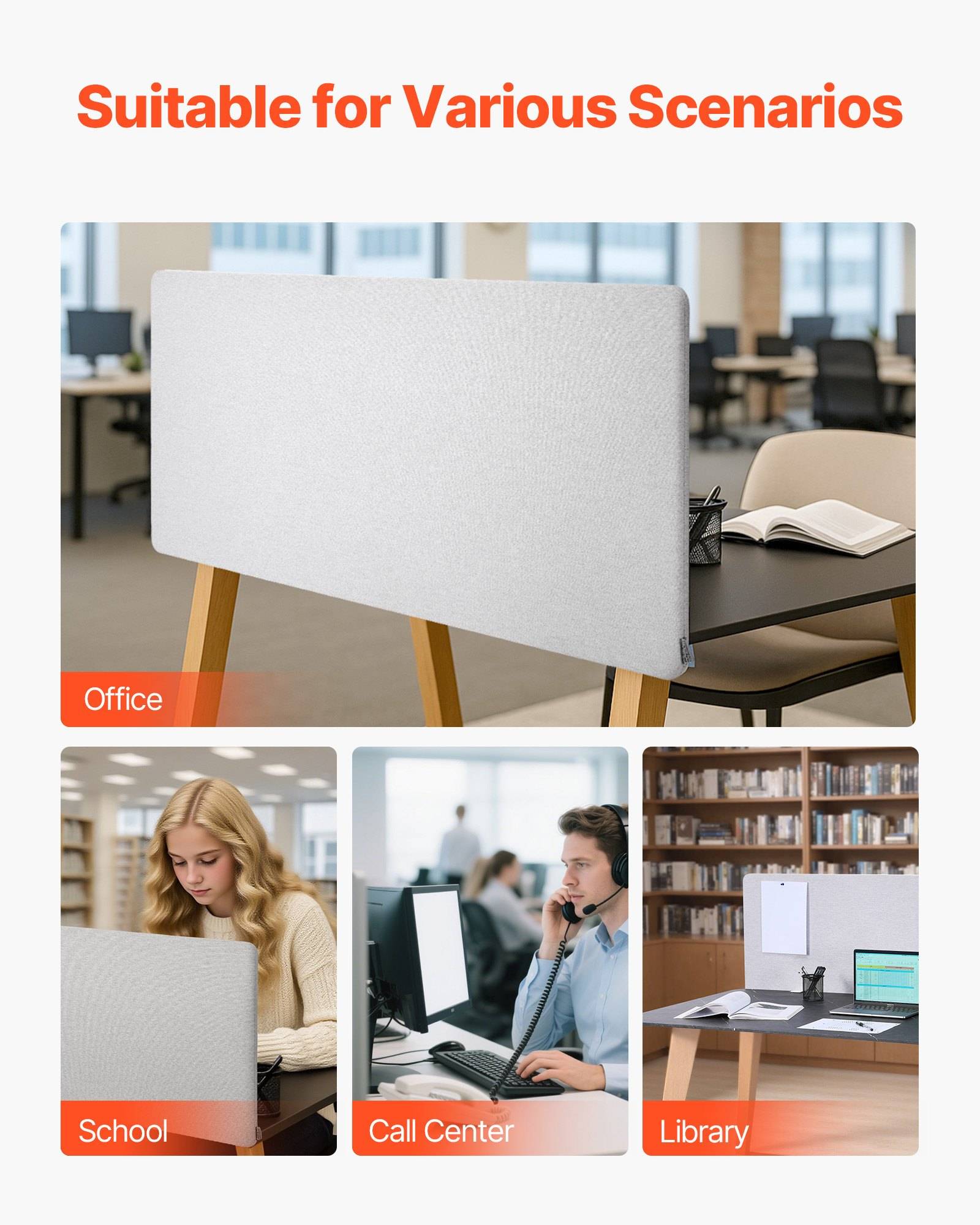 Trennwandpanel für Produkte in vier Szenarien dargestellt: Büro, Schule, Callcenter und Bibliothek; Titel lautet „Geeignet für verschiedene Szenarien