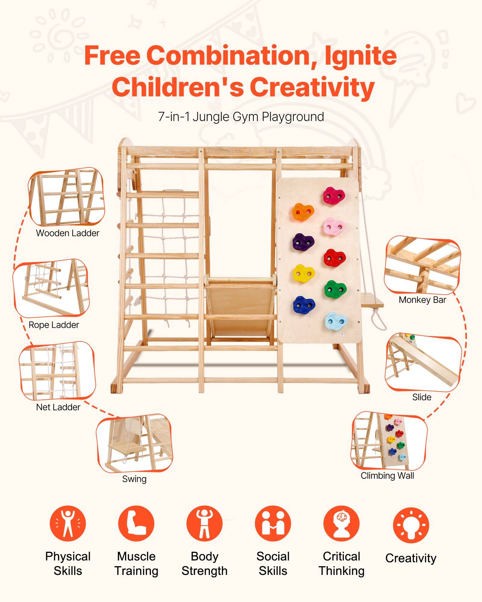 VEVOR Indoor Klettergerüst 7 in 1 Spielplatz für Kleinkinder, 120 x 109 x 121 cm, mit Holz- und Strickleiter Netzleiter Schaukel Klettergerüst Ruts