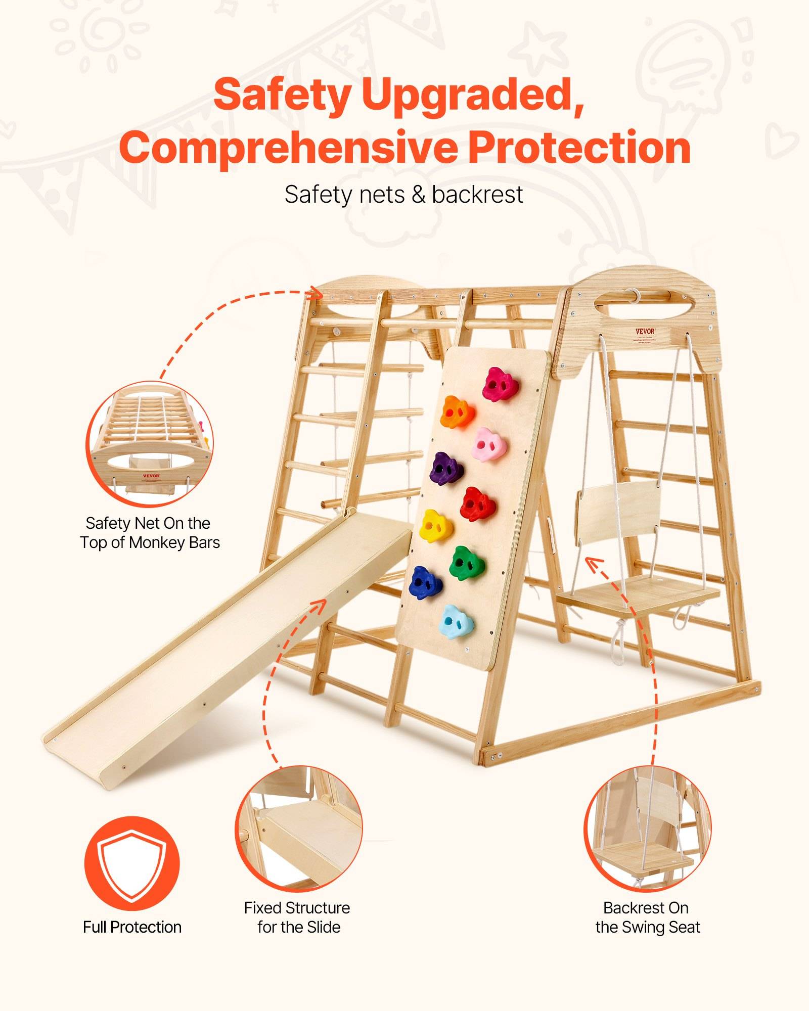Holzspielset für Kinder mit Rutsche, Kletterwand, Leiter, Schaukel und Sicherheitsnetzen/Rückenlehne, beschriftet mit "Sicherheit verbessert, umfassender Schutz"".