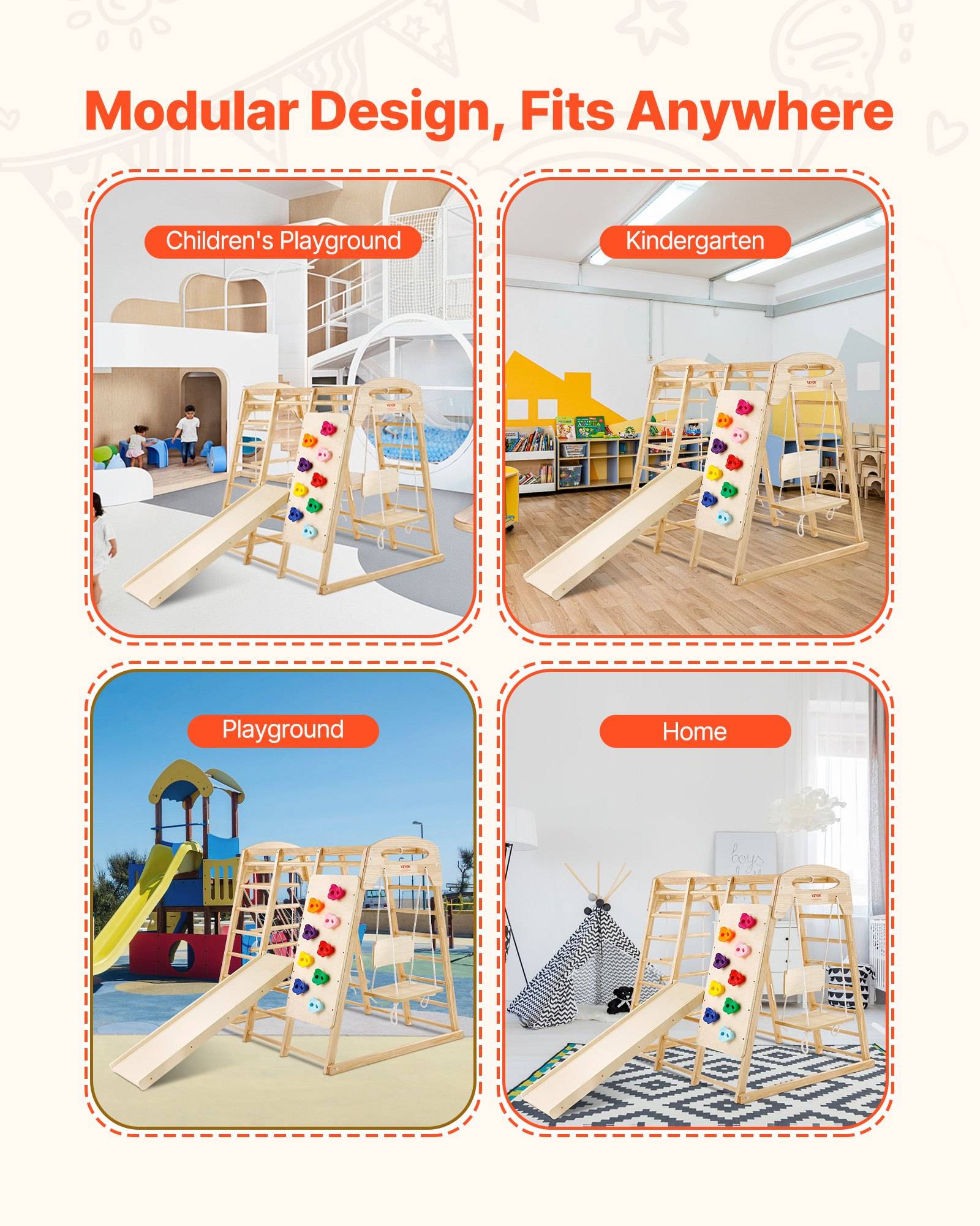 Werbekollage mit dem Titel „Modulares Design, passt überall" zeigt einen Kinder-Kletterrampen-Set, der auf einem Spielplatz, im Kindergarten und zu Hause verwendet wird