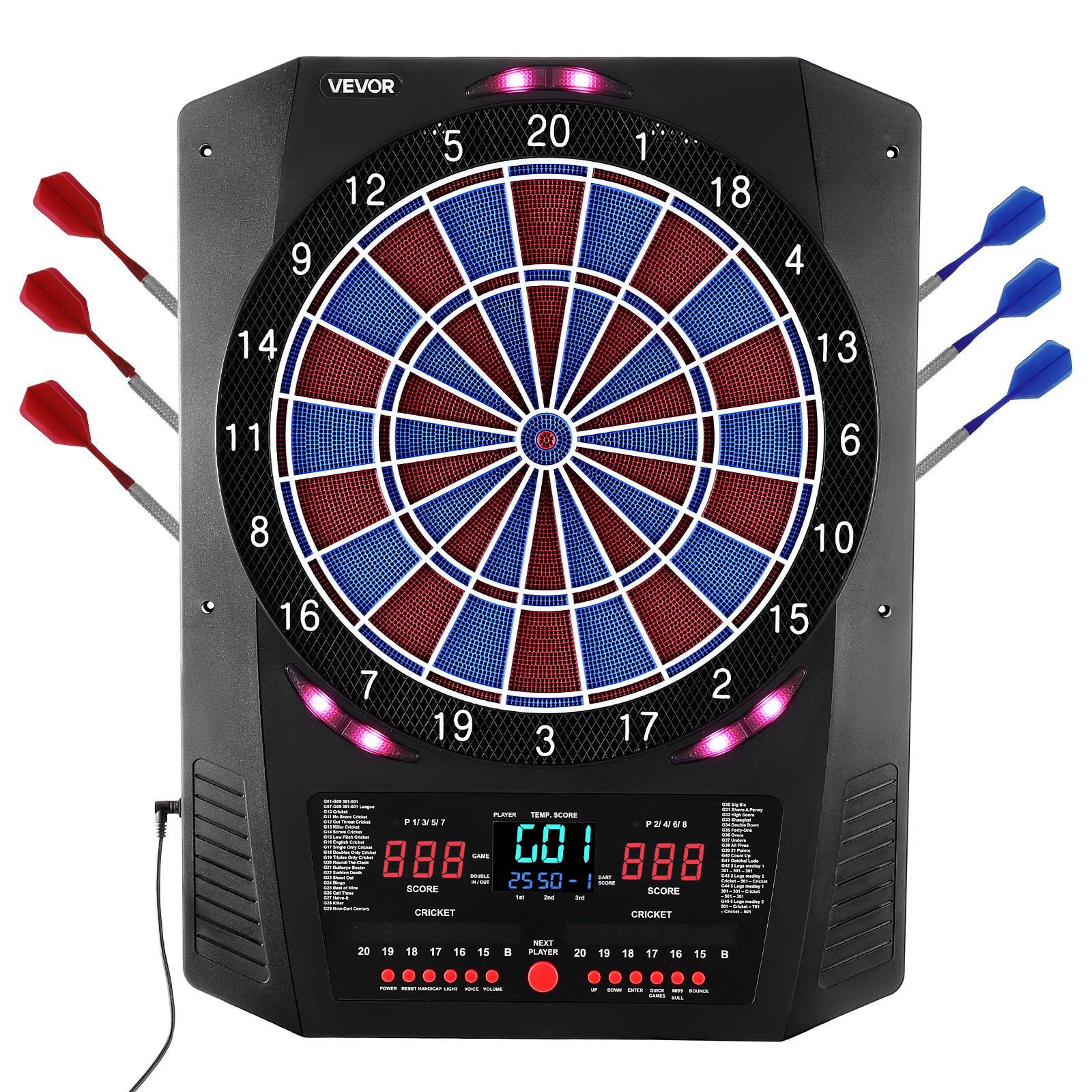 Elektronisches Dartboard mit beleuchteter Anzeigetafel, die sechs Darts rund um das Board zeigt, und mehrere Spielmodusschaltflächen auf der Konsole.