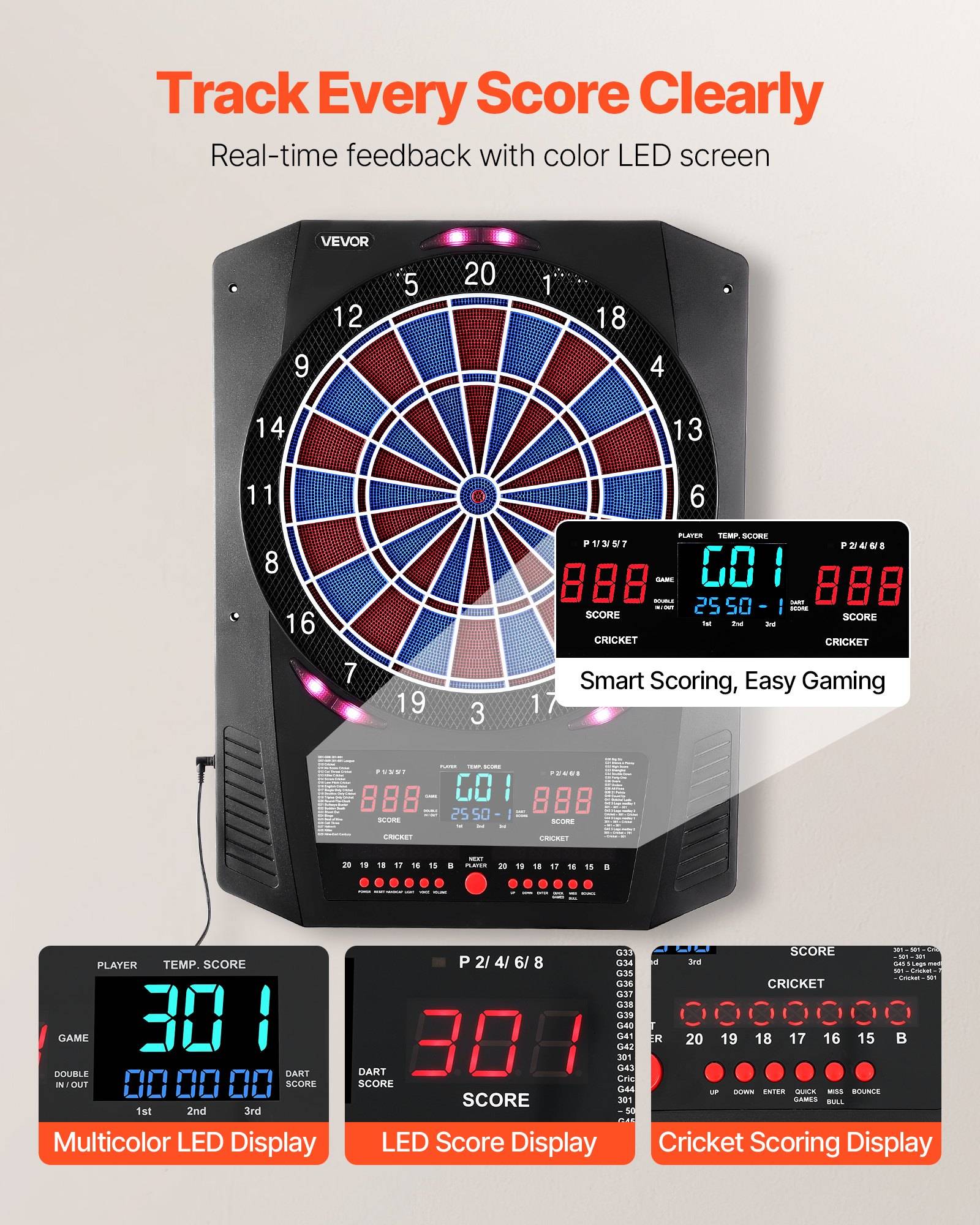 Werbebild eines elektronischen Dartboards mit farbigem LED-Scoreboard, das Echtzeit-Punktestand und Cricket-Anzeige-Nahaufnahmen zeigt.