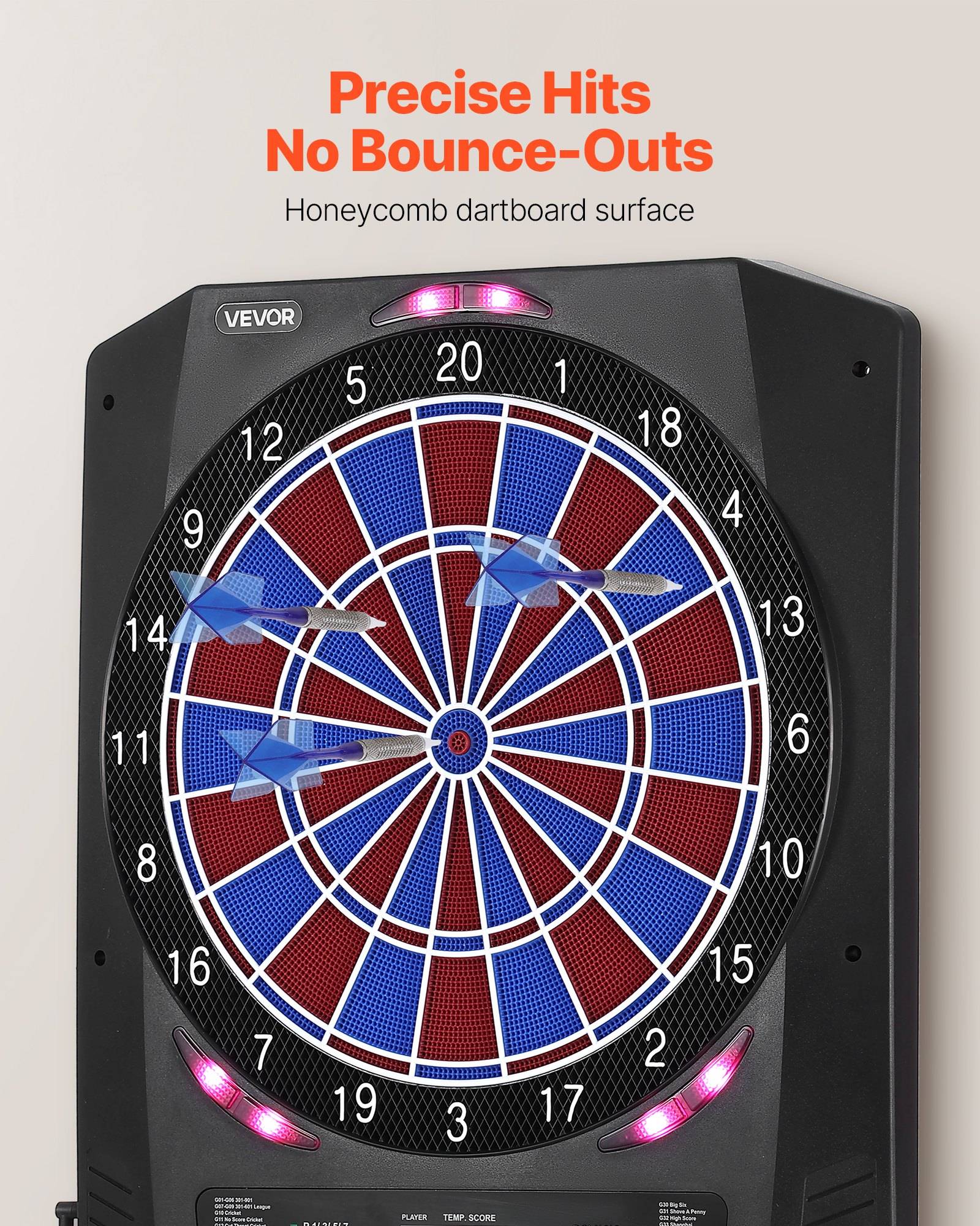 Elektronisches Dartboard mit beleuchtetem Scoreanzeige und Meldung „Präzise Treffer Keine Abpraller"; Wabenstruktur-Dartboardoberfläche mit im Board steckenden Pfeilen gezeigt.