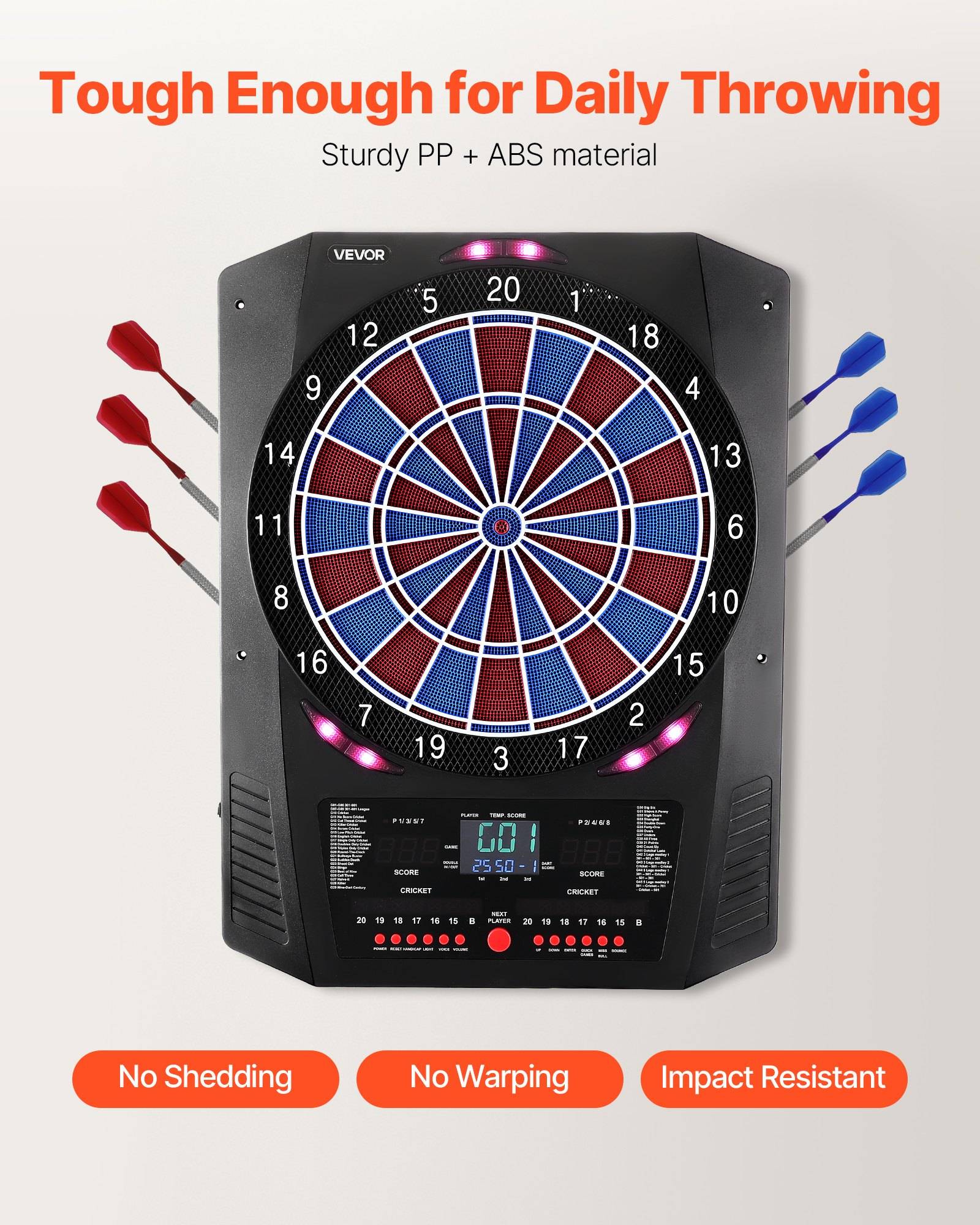 Elektronisches Dartboard mit Schrank und sechs Pfeilen, gekennzeichnet mit „Robust genug für tägliches Werfen" und „Robustes PP + ABS Material""; ohne Schattierungen, keine Verformungen, stoßfest.