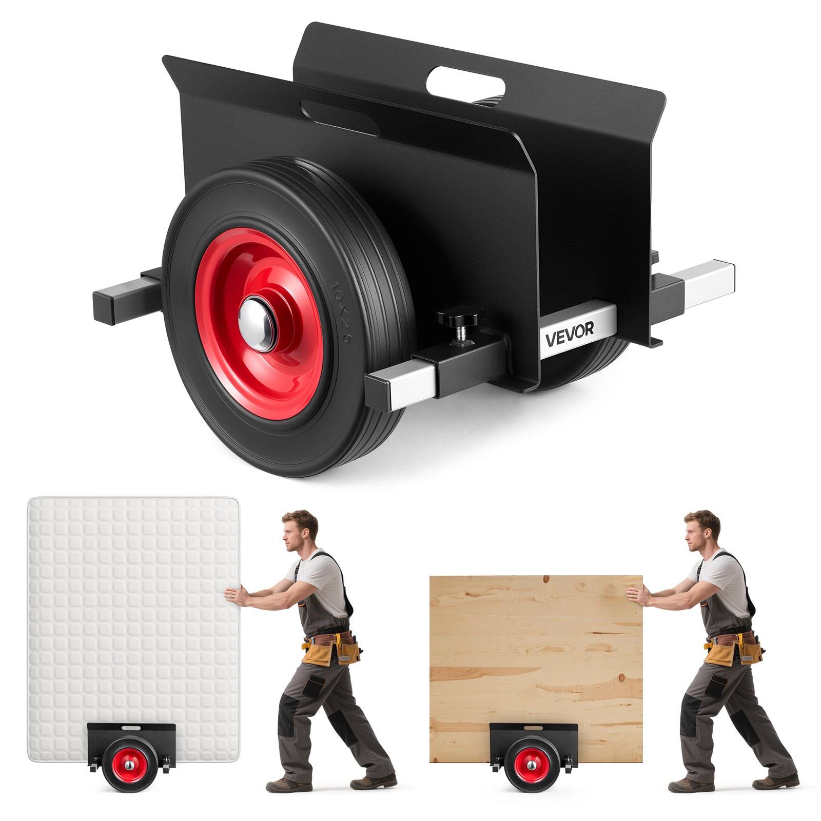 Robustes VEVOR-Radfahrwerk mit roter Lenkrolle, das eine Matratze und ein Holzbrett zur Bewegung von sperrigen Gegenständen trägt.