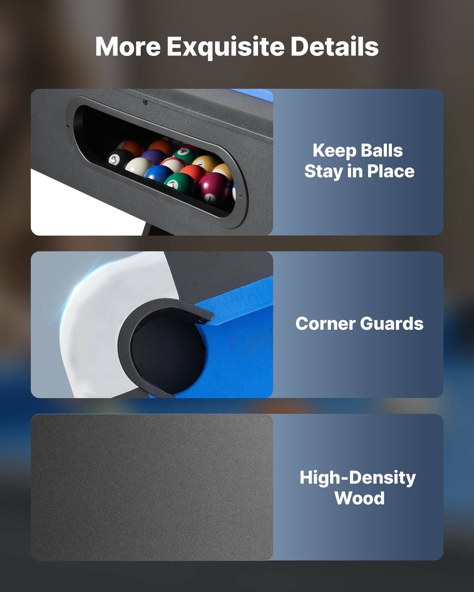 Bewerbungsgrafik mit dem Titel „Mehr exquisite Details" mit drei Produktmerkmalen: Ballrückgabewanne, Eckenschutz und Hochdichtholz.