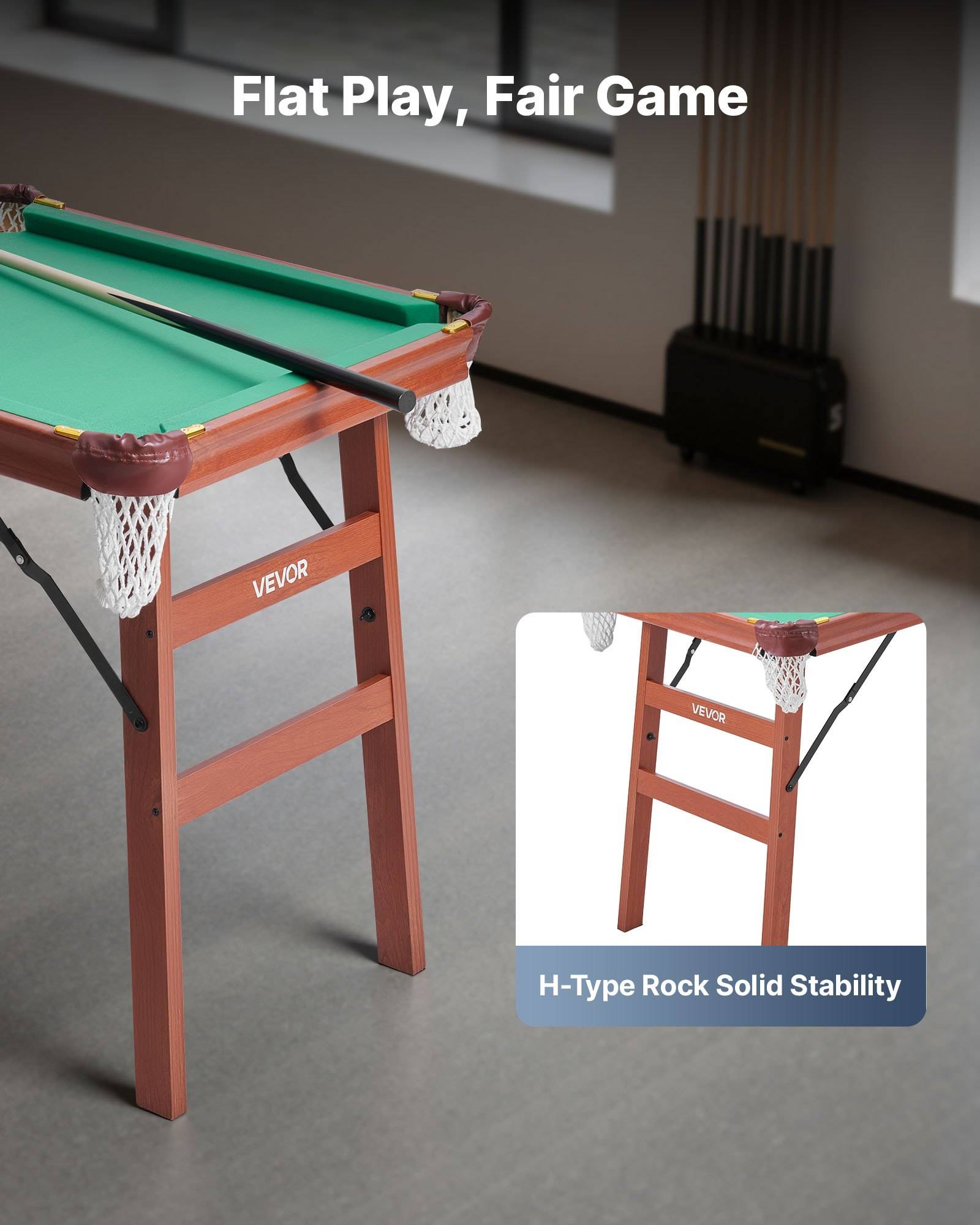 Werbebild eines Pooltisches mit dem Text „Flat Play, Fair Game" und einer eingefügten Hervorhebung des Tischbein-Designs mit „H-Type Rock Solid Stability"".