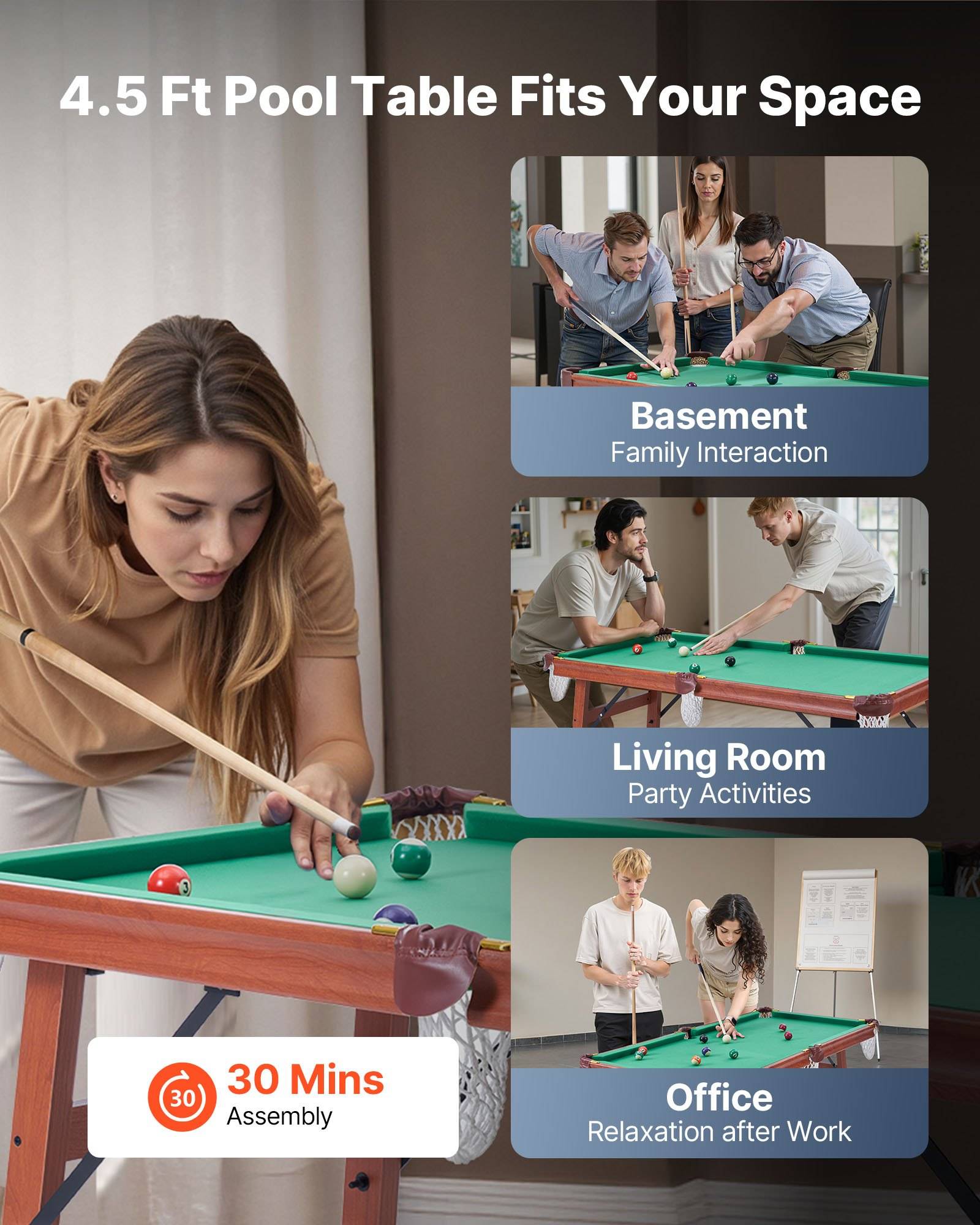 Werbeanzeige für einen 1,35 m großen Billiardtisch für kleine Räume, auf der eine Frau spielt und drei Nutzungsbeispiele gezeigt werden: Keller, Wohnzimmer und Büro; die Montage dauert 30 Minuten.