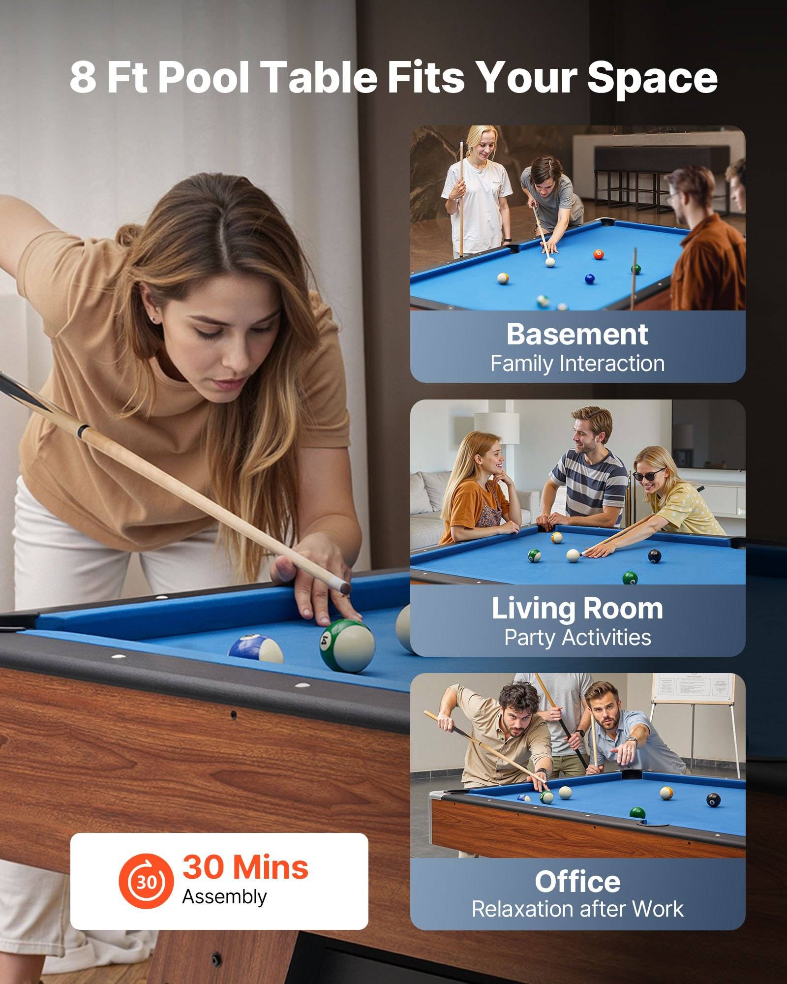 Werbegrafik zeigt einen 2,4 m Billiardtisch, der in kleine Räume passt, mit einer Frau beim Spielen und Beispielen für Familieninteraktion im Keller, Partyaktivitäten im Wohnzimmer und Entspannung im Büro nach der Arbeit; 30 Minuten Montage.