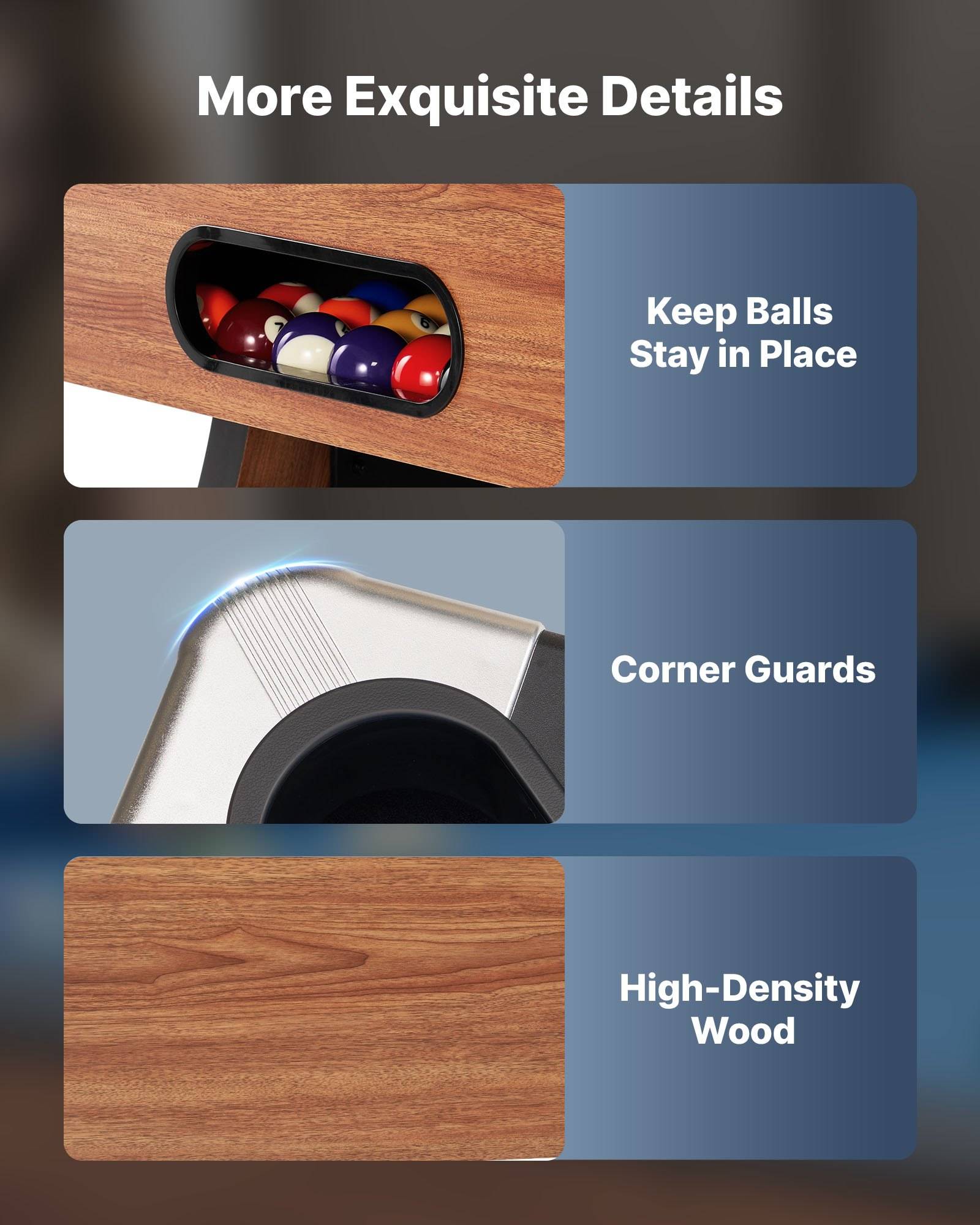 Infografik mit dem Titel „Mehr exquisite Details" zeigt Merkmale des Billiardtisches: Die Ballrückgabe hält die Kugeln an ihrem Platz, Eckenschutzvorrichtungen schützen die Kanten und die hochdichte Holzkonstruktion.