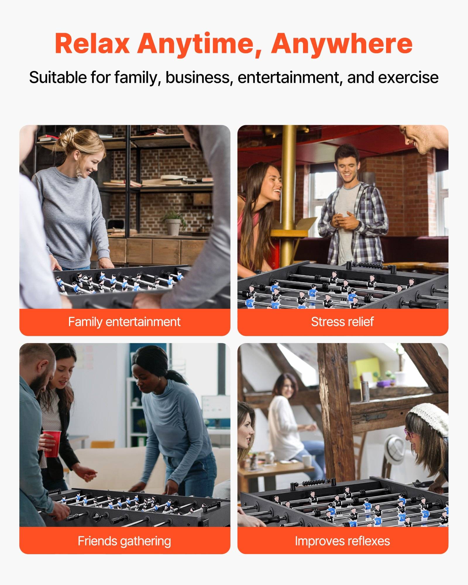 Promotional-Collage für einen Kickertisch mit der Überschrift „Entspannen Sie sich jederzeit und überall" und dem Untertext „Geeignet für Familie, Geschäft, Unterhaltung und Training""; vier Szenen mit den Bezeichnungen Familienunterhaltung, Stressabbau, Treffen mit Freunden und verbessert die Reflexe.