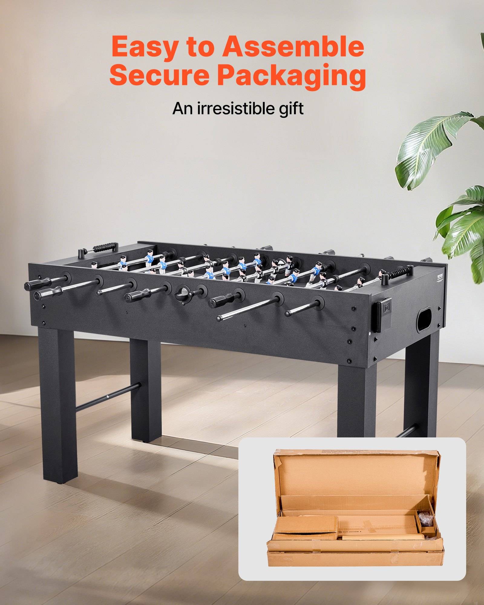 Kickertisch mit Text „Leicht zu montieren sichere Verpackung" und „Ein unwiderstehliches Geschenk""; Inset zeigt verpackte Versandbox und Teile zur Montage.