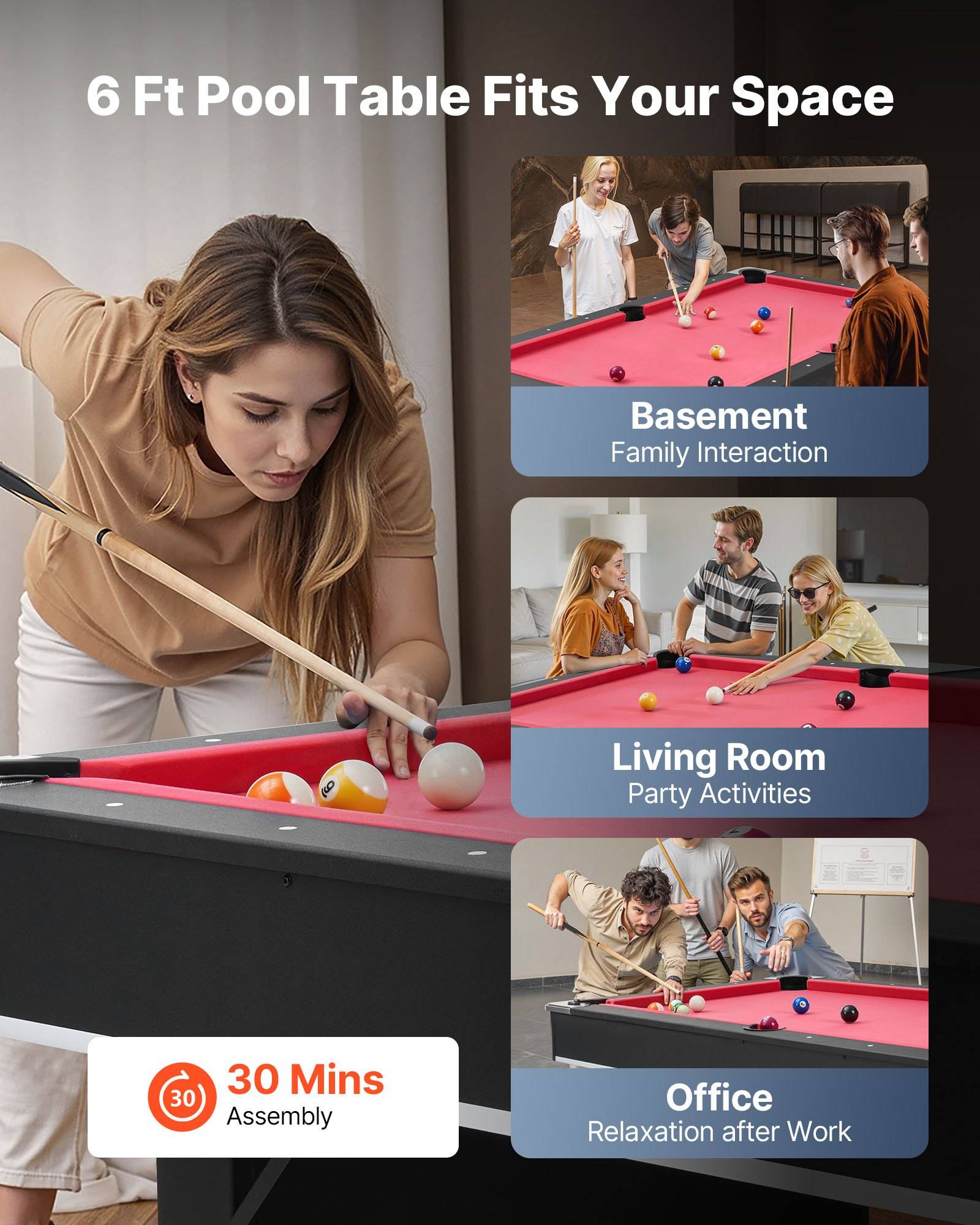 VEVOR Billardtisch 183 cm moderner Spieltisch mit verstellbaren Füßen, komplettes Set inkl.Bällen / Queues / Ständer / Kreide / Bürste, für Spie