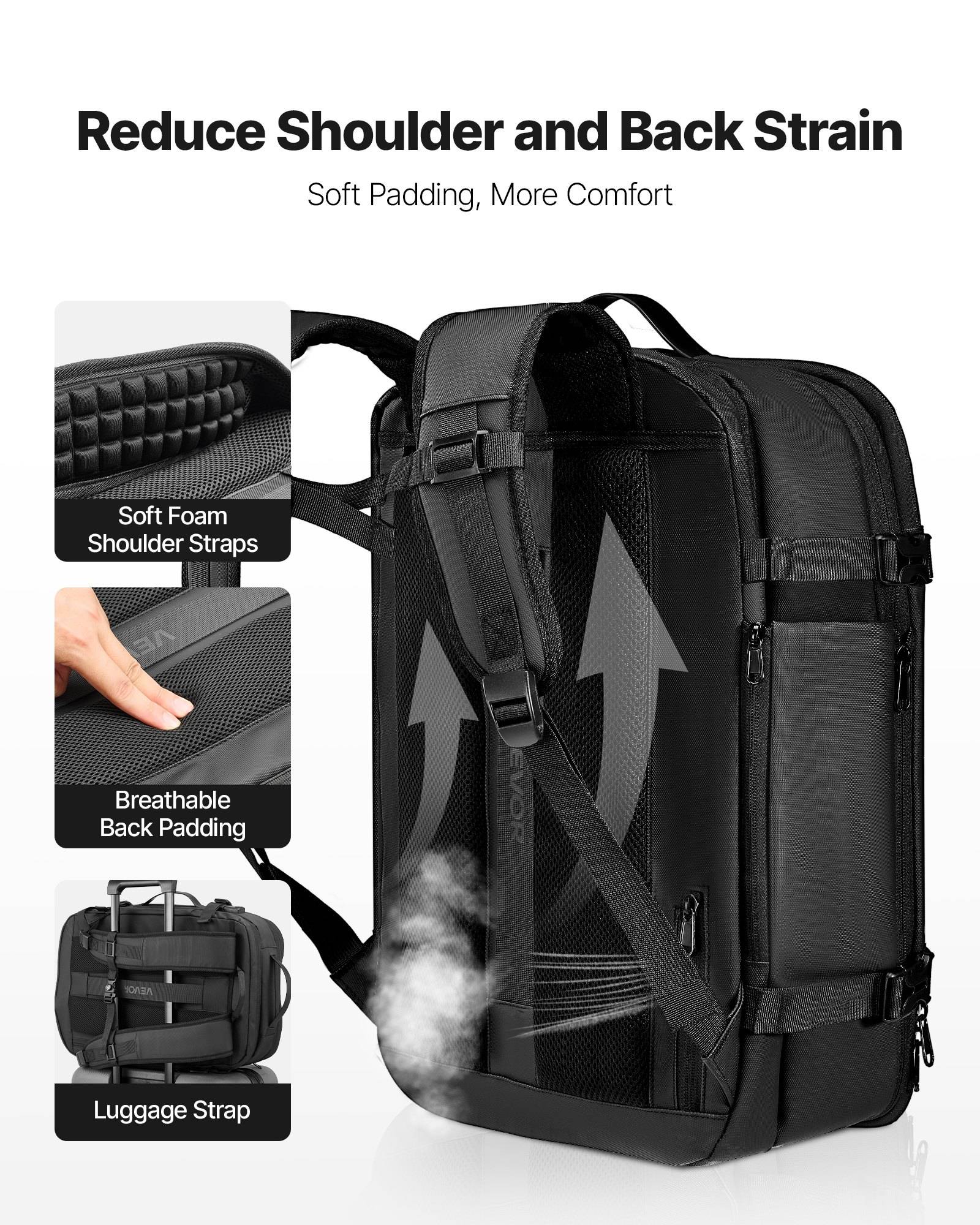 Rucksack-Werbung mit Komfortfunktionen: weiches Schaumstoff-Schultergurte, atmungsaktive Rückenpolsterung und Gepäckgurt zur Verringerung von Schulter- und Rückenlastbelastung.